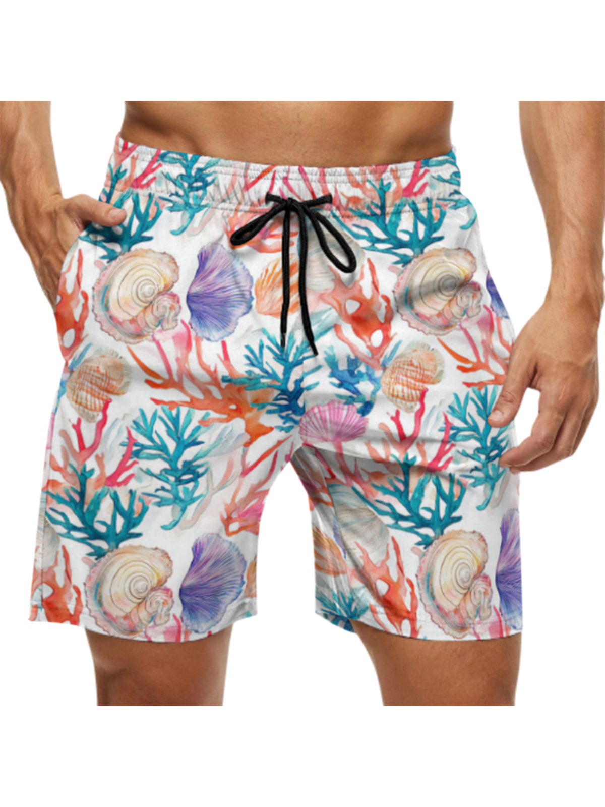 Men's Swim Trunks Hawaiian Coral Shell Beach Shorts with Pockets