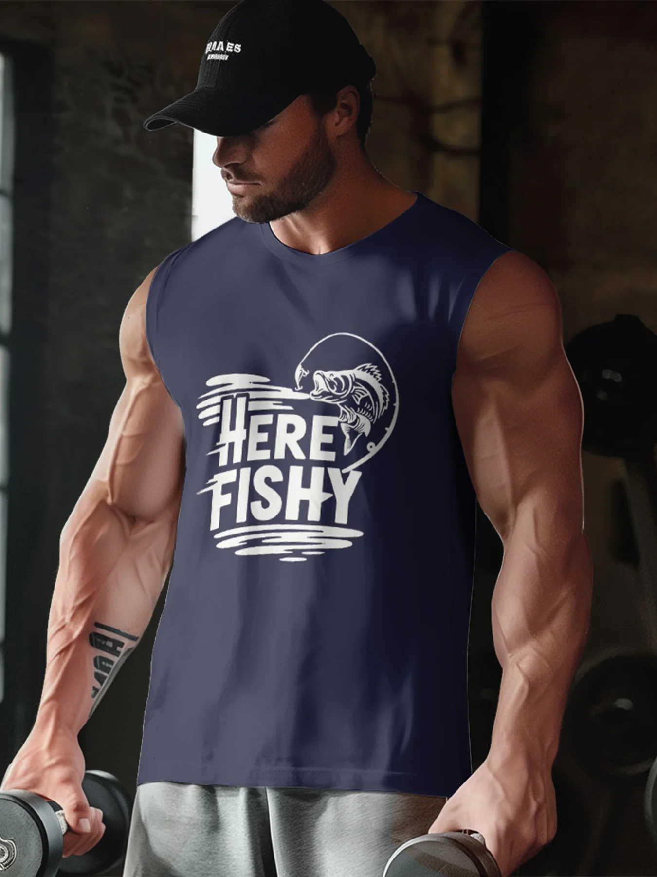 Mens Crewneck Tank Tops Fishing Here Fishy Beach Sleeveless Shirts