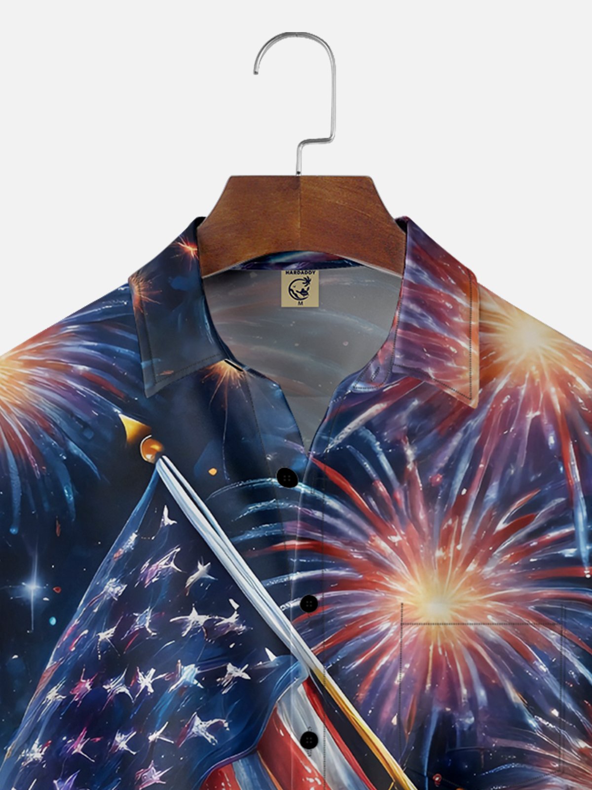 Moisture Wicking American Flag Fireworks Patriotic Chest Pocket Hawaiian Shirt
