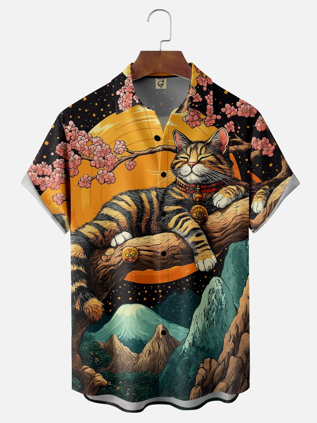 Moisture Wicking Ukiyo-e Sakura Cat Chest Pocket Hawaiian Shirt