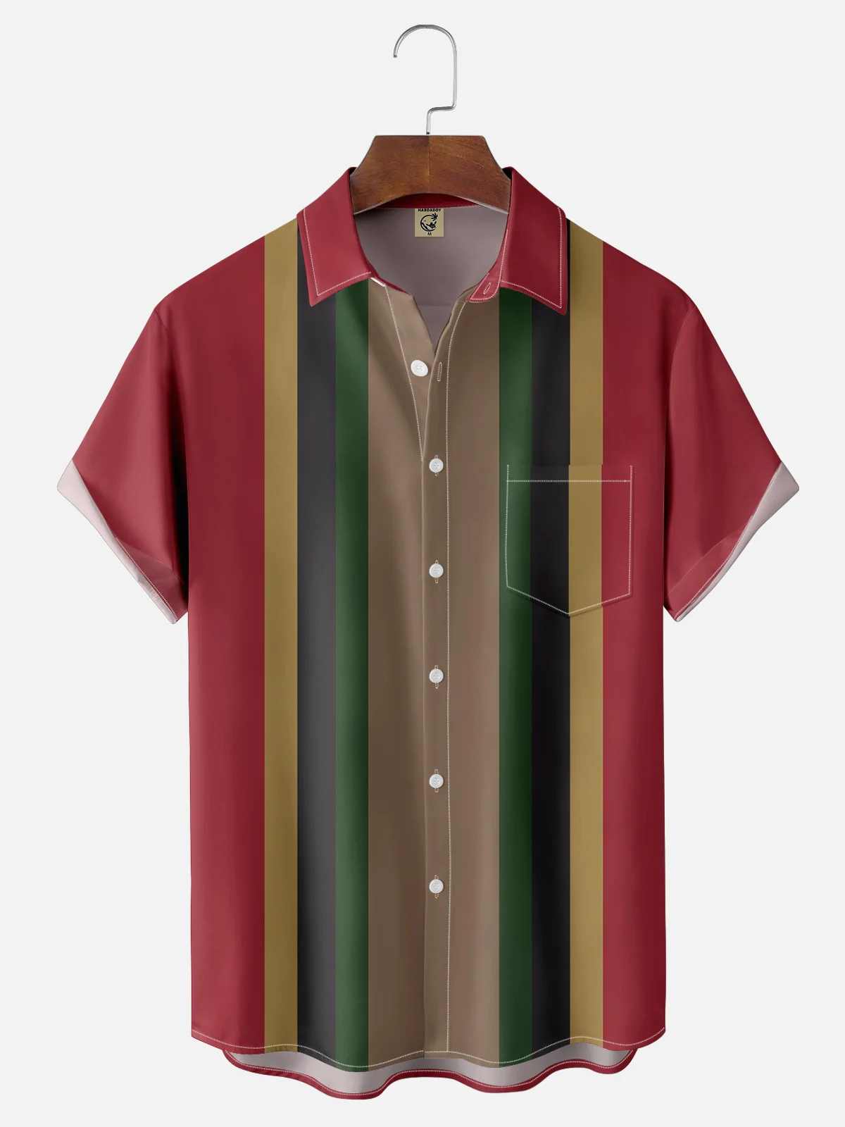 Moisture Wicking Geometric Stripes Red Chest Pocket Bowling Shirt