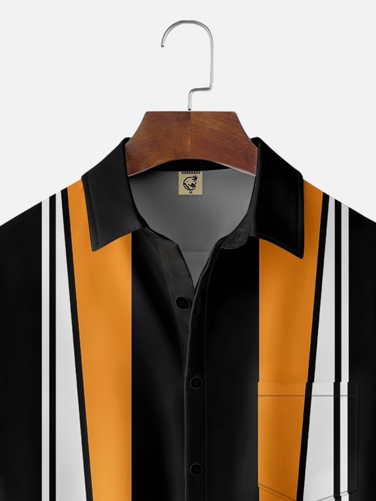 Moisture Wicking Geometric Stripes Black White Yellow Chest Pocket Bowling Shirt