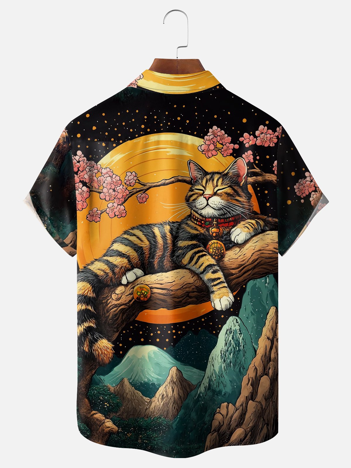 Moisture Wicking Ukiyo-e Sakura Cat Chest Pocket Hawaiian Shirt