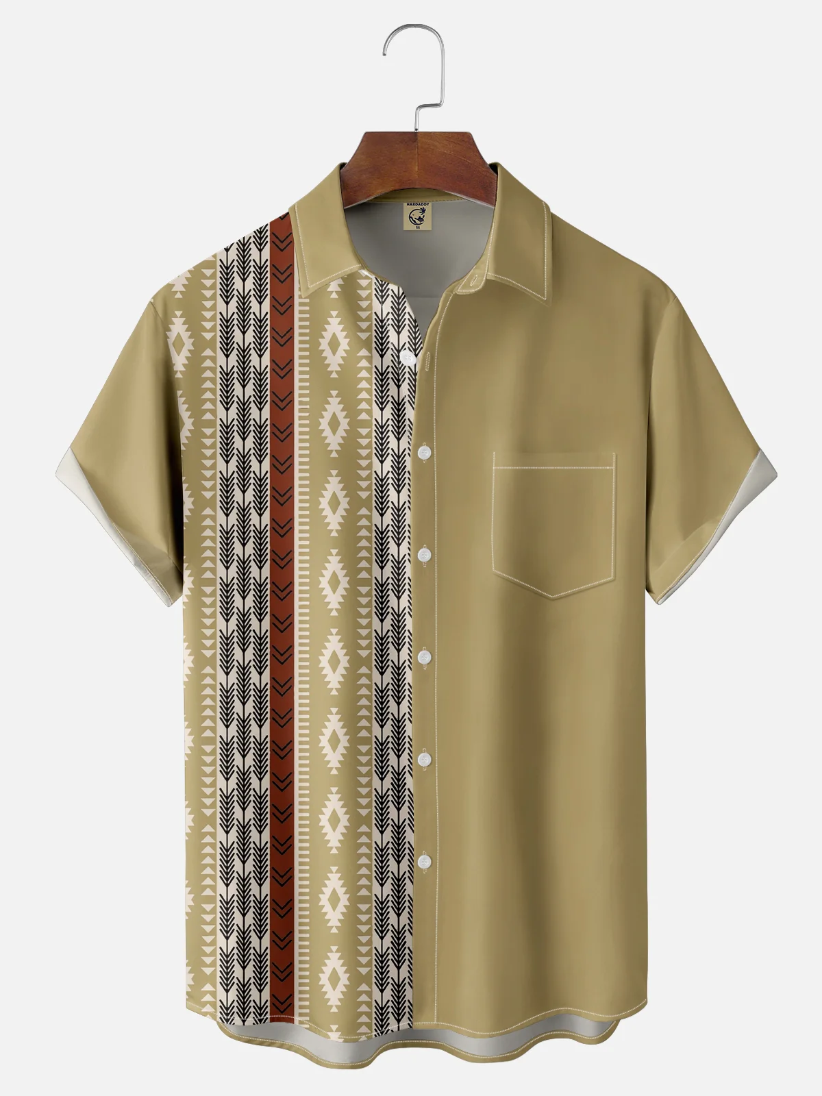 Moisture Wicking Ethnic Pattern Geometric lines Chest Pocket Bowling Shirt