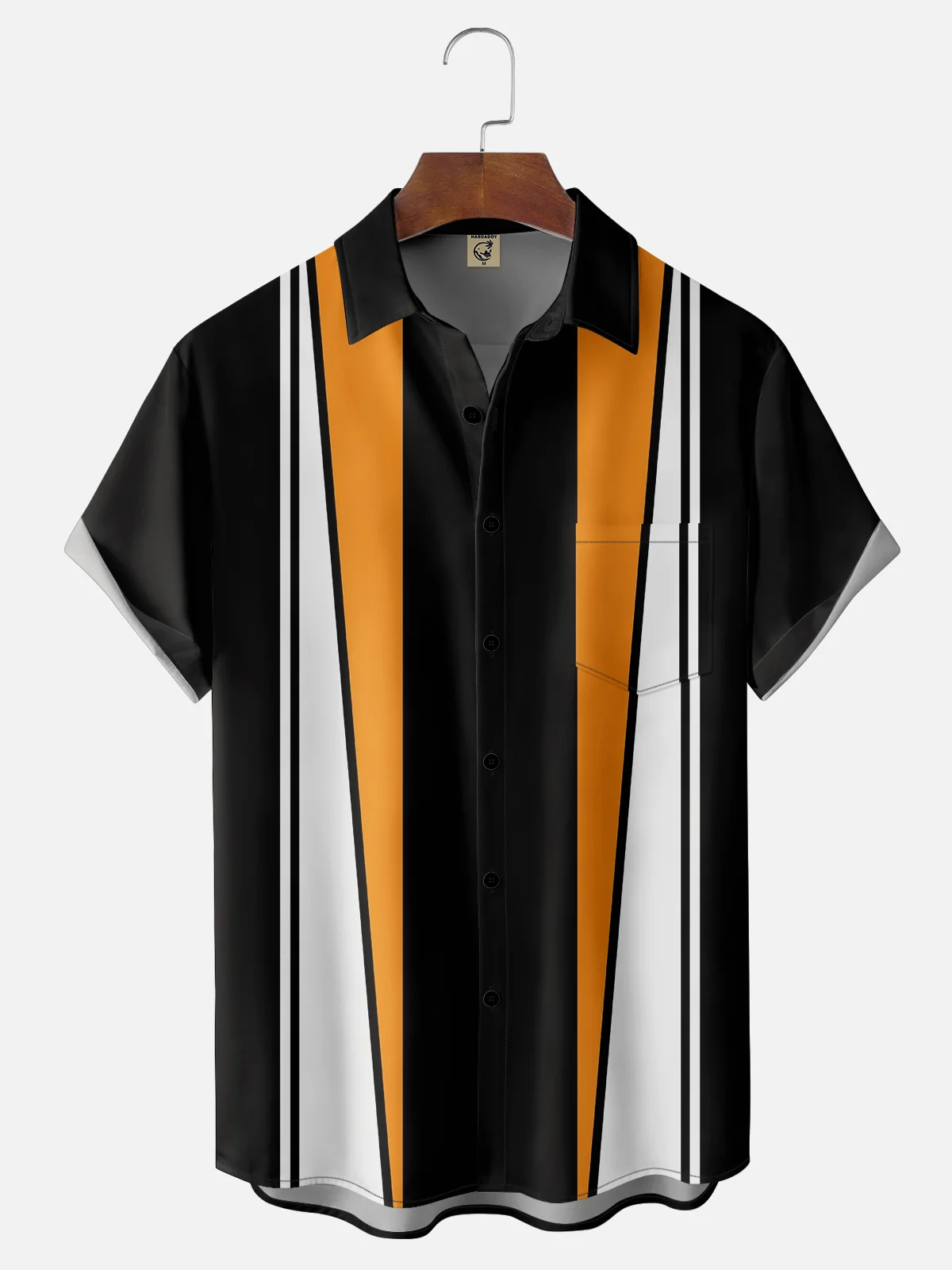 Moisture Wicking Geometric Stripes Black White Yellow Chest Pocket Bowling Shirt