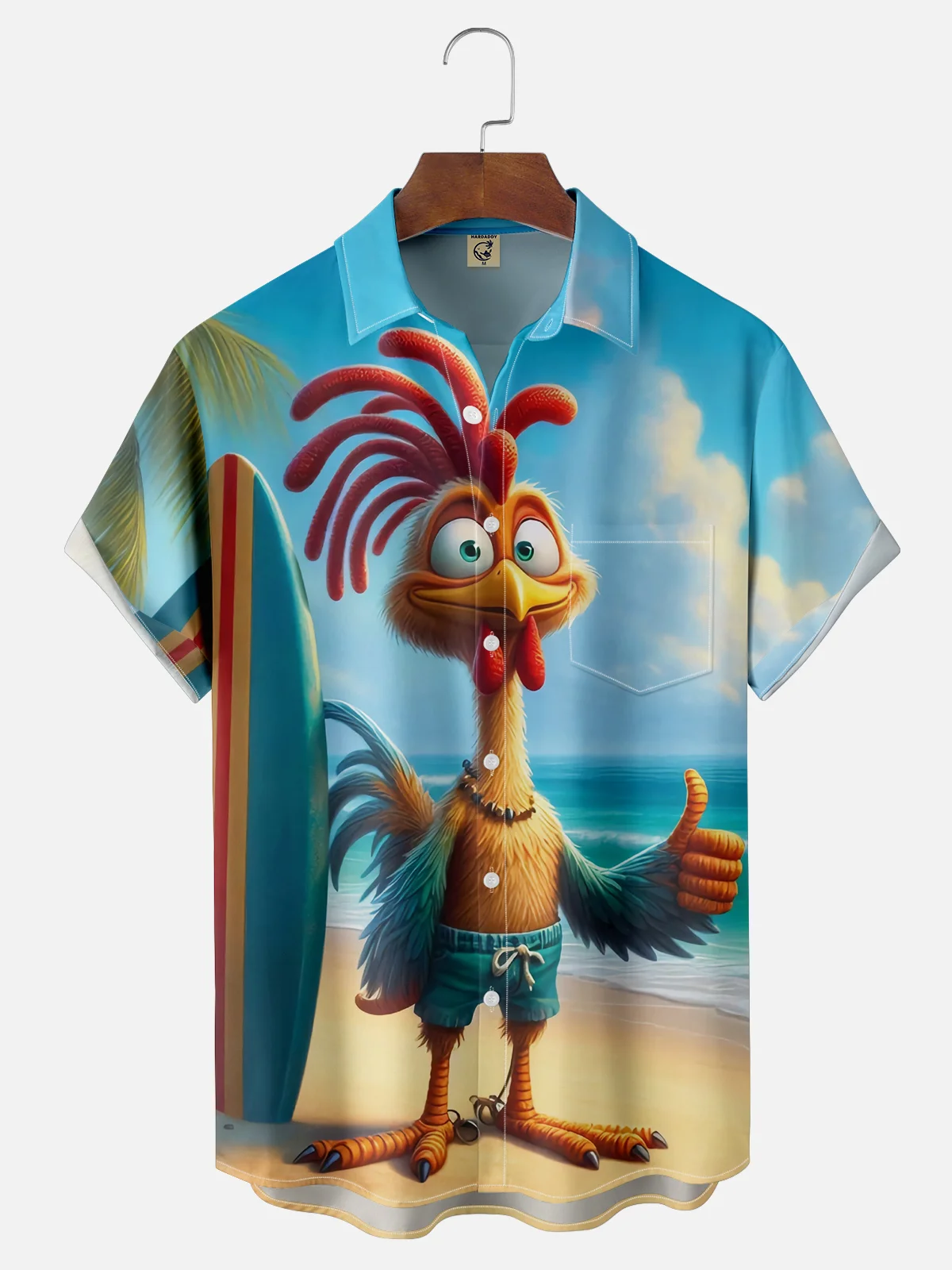 Moisture Wicking Funny Surfer Chicken Chest Pocket Hawaiian Shirt