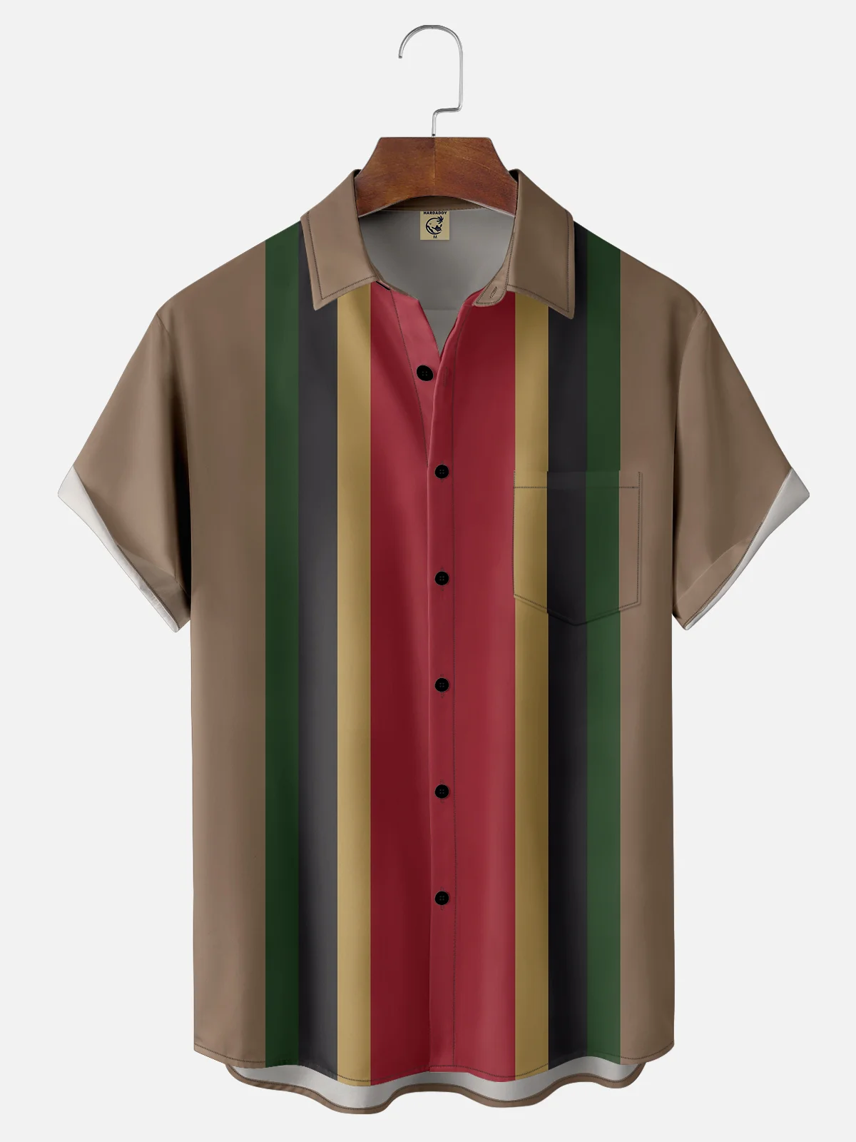 Moisture Wicking Geometric Stripes Brown Chest Pocket Bowling Shirt