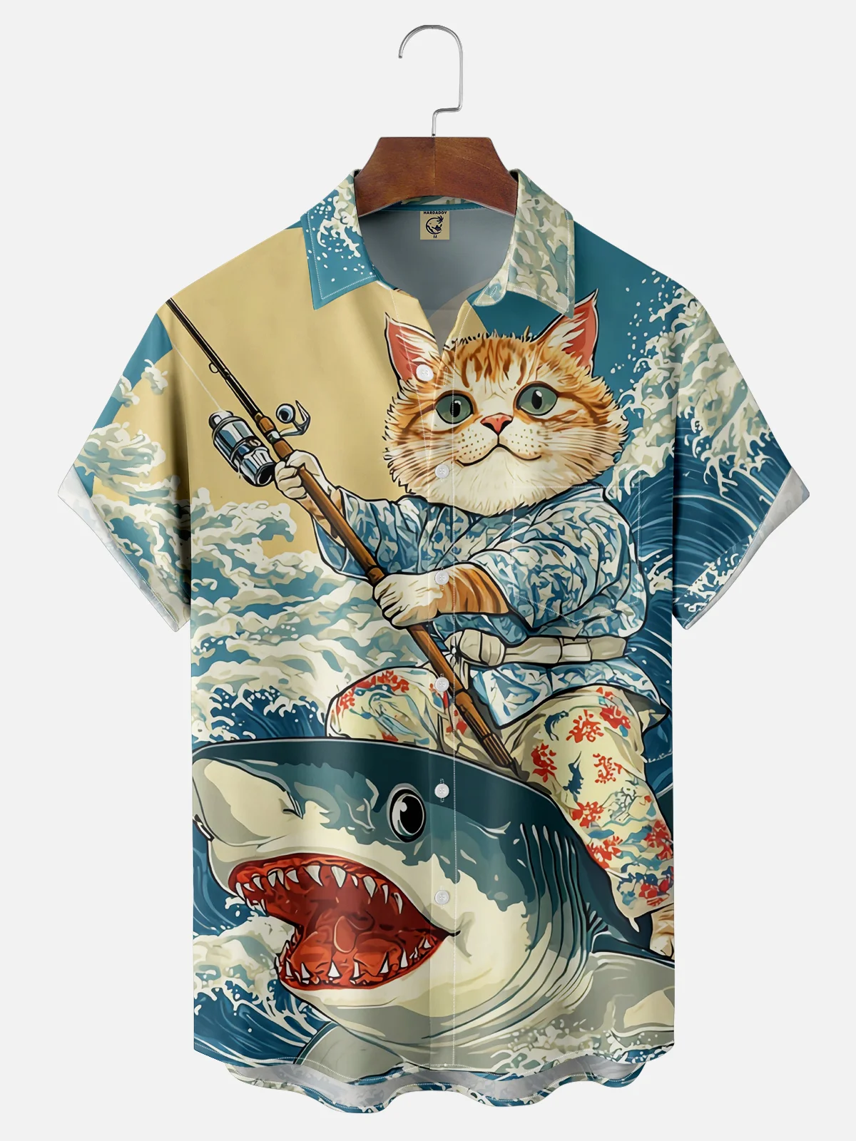 Moisture Wicking Ukiyo-e Wave Shark Cat Chest Pocket Hawaiian Shirt