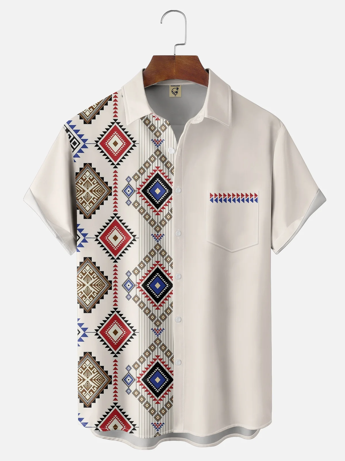 Moisture Wicking Ethnic Pattern Geometric lines Chest Pocket Hawaiian Shirt