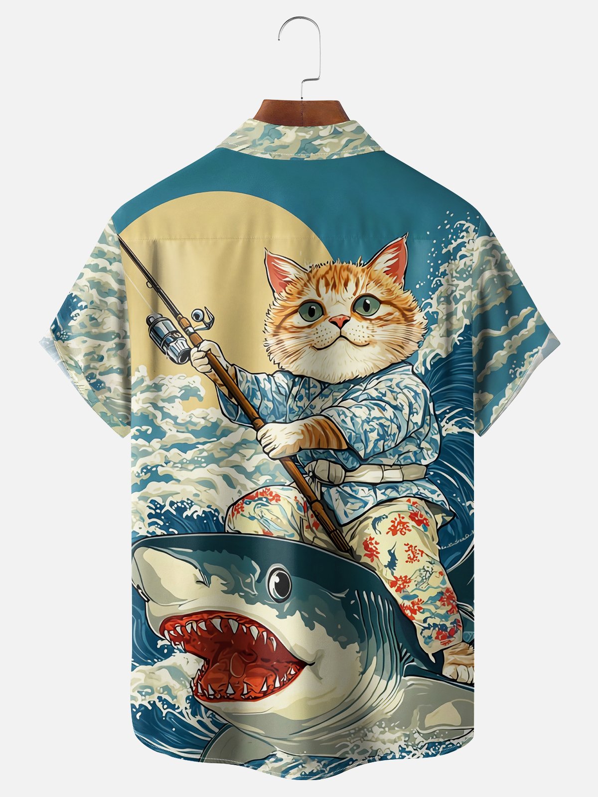 Moisture Wicking Ukiyo-e Wave Shark Cat Chest Pocket Hawaiian Shirt