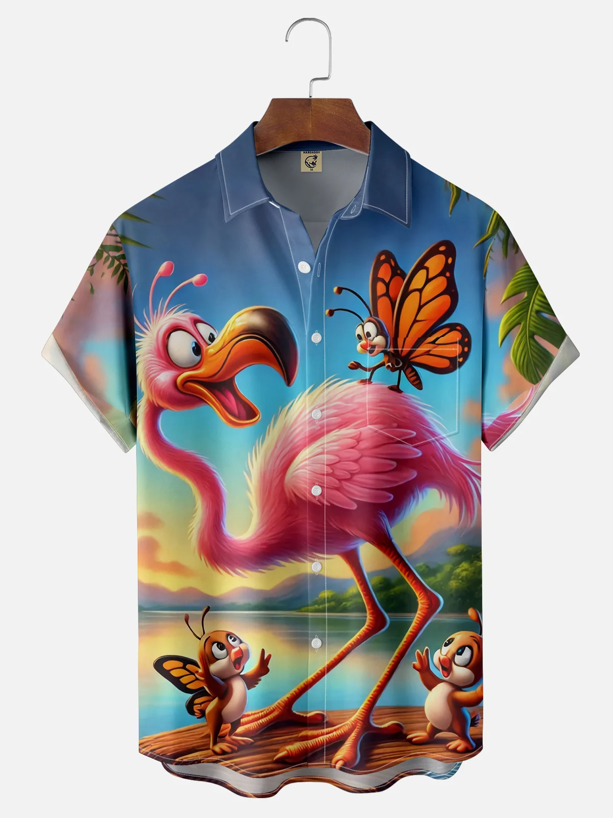 Moisture Wicking Funny Flamingo Chest Pocket Hawaiian Shirt