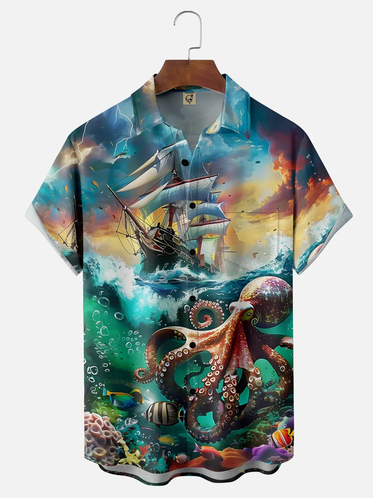 Moisture-wicking Octopus Pirate Ship Ocean Chest Pocket Hawaiian Shirt