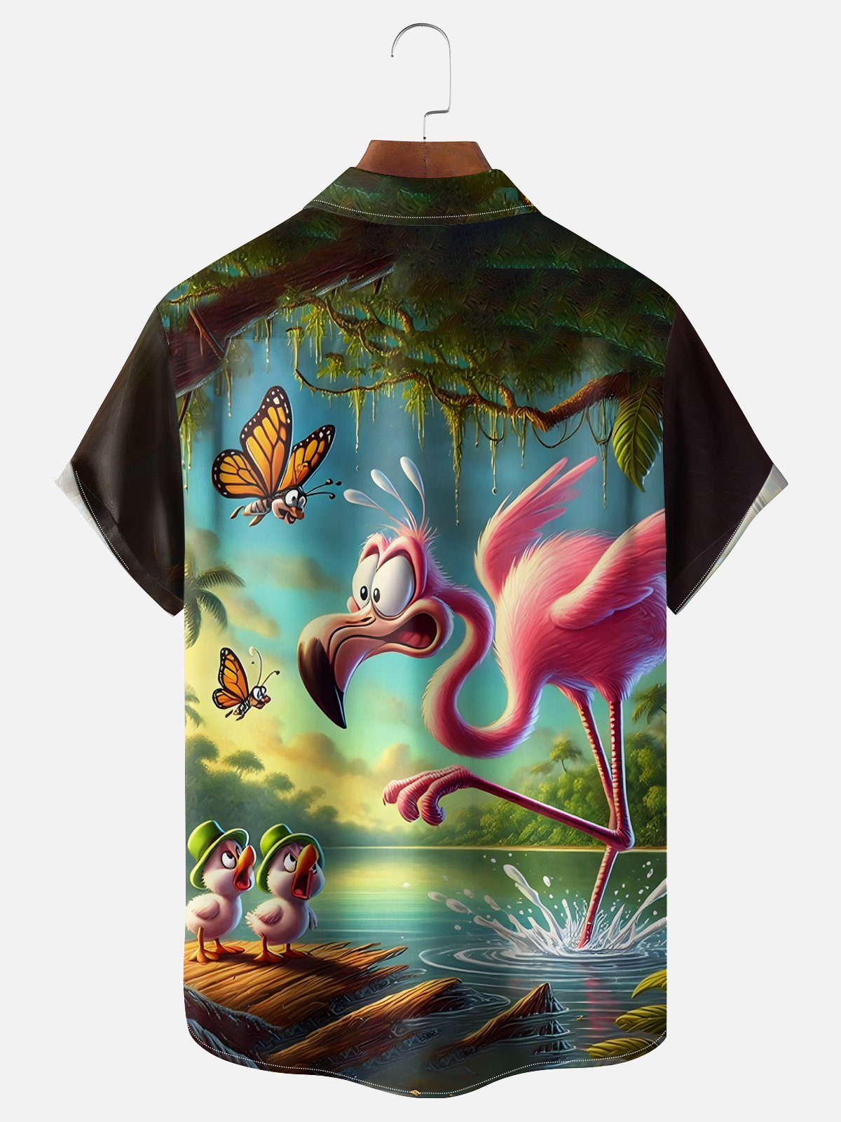 Moisture-wicking Flamingo Fun Story Art Chest Pocket Hawaiian Shirt