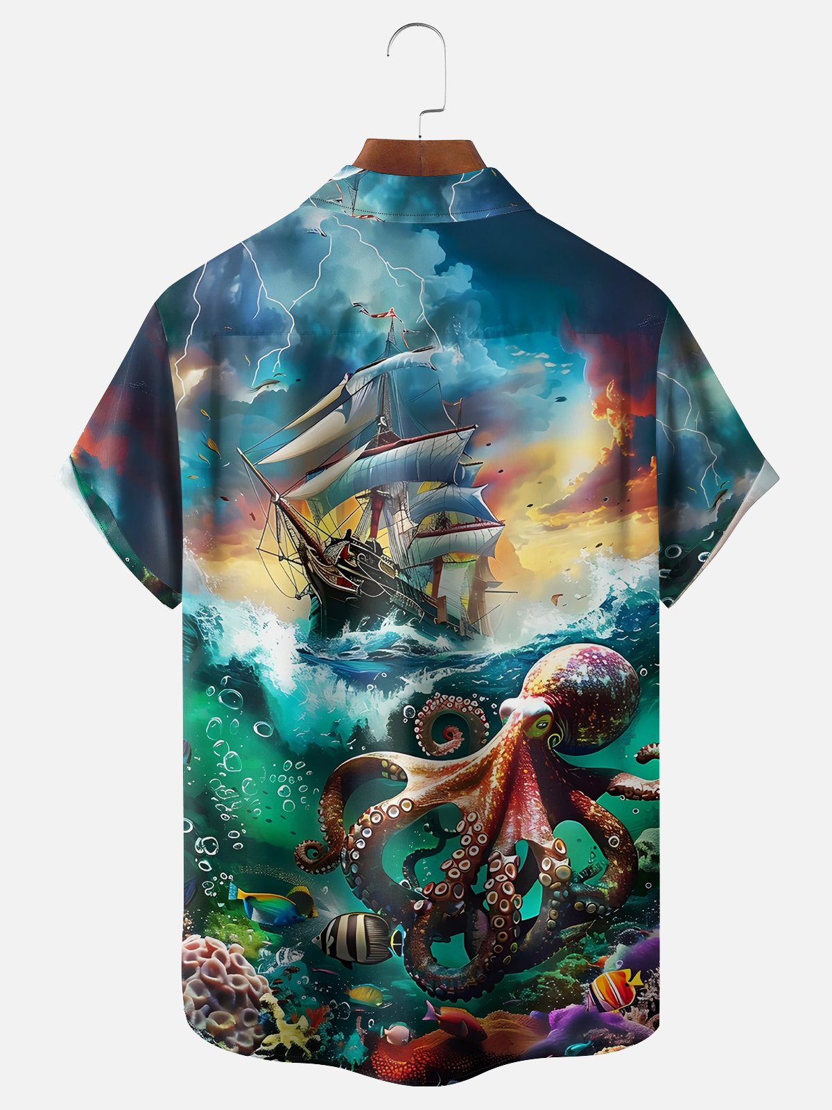 Moisture-wicking Octopus Pirate Ship Ocean Chest Pocket Hawaiian Shirt