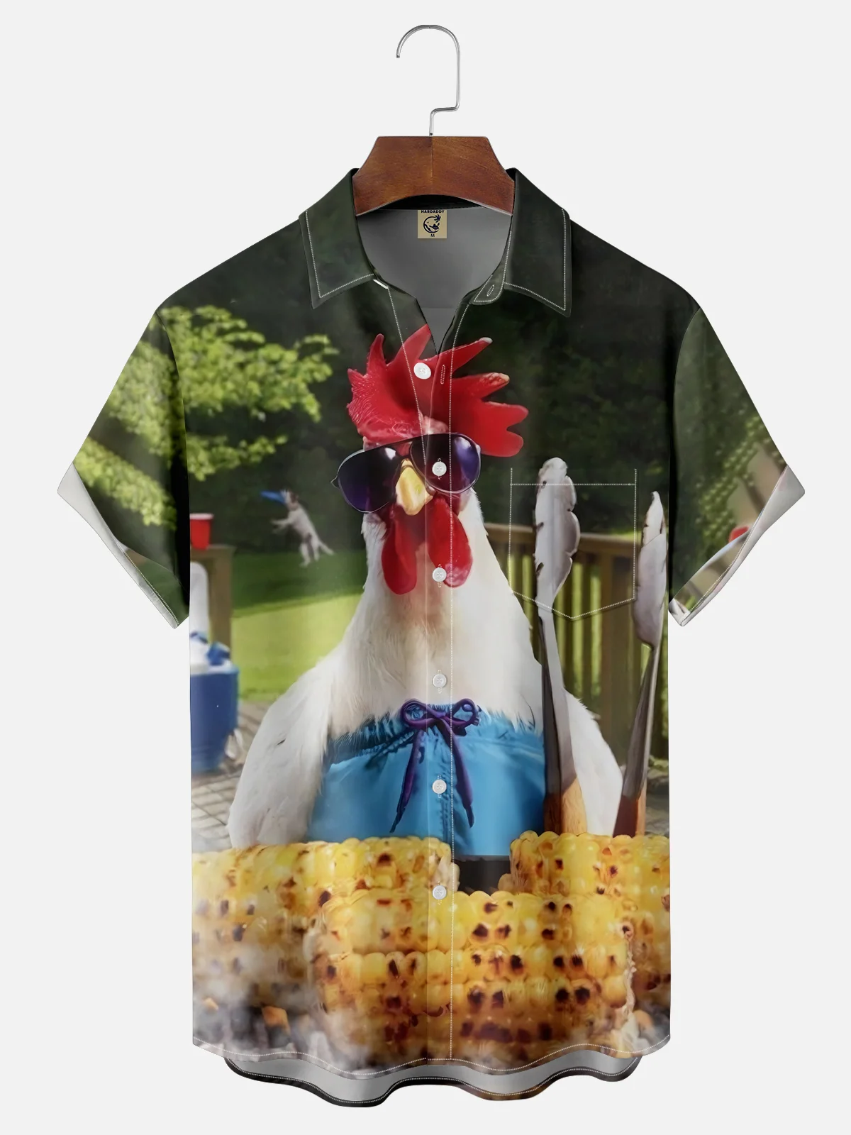 Moisture-wicking Chicken Funny BBQ Art Green Chest Pocket Hawaiian Shirt