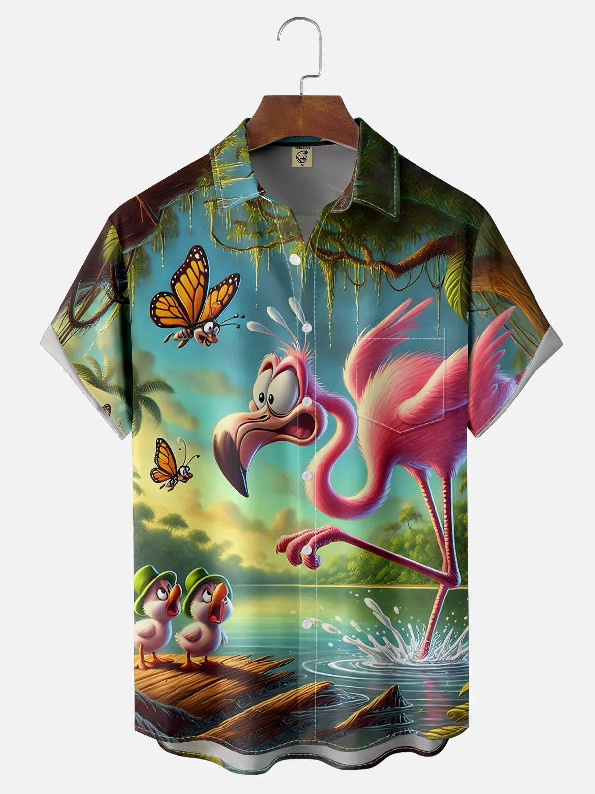 Moisture-wicking Flamingo Fun Story Art Chest Pocket Hawaiian Shirt