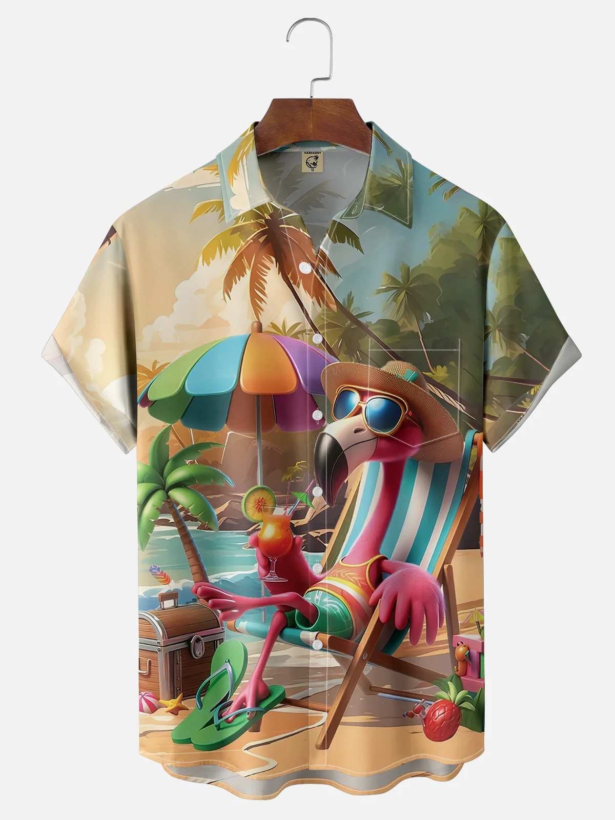 Moisture-wicking Beach Art Flamingo Vacation Print Chest Pocket Hawaiian Shirt