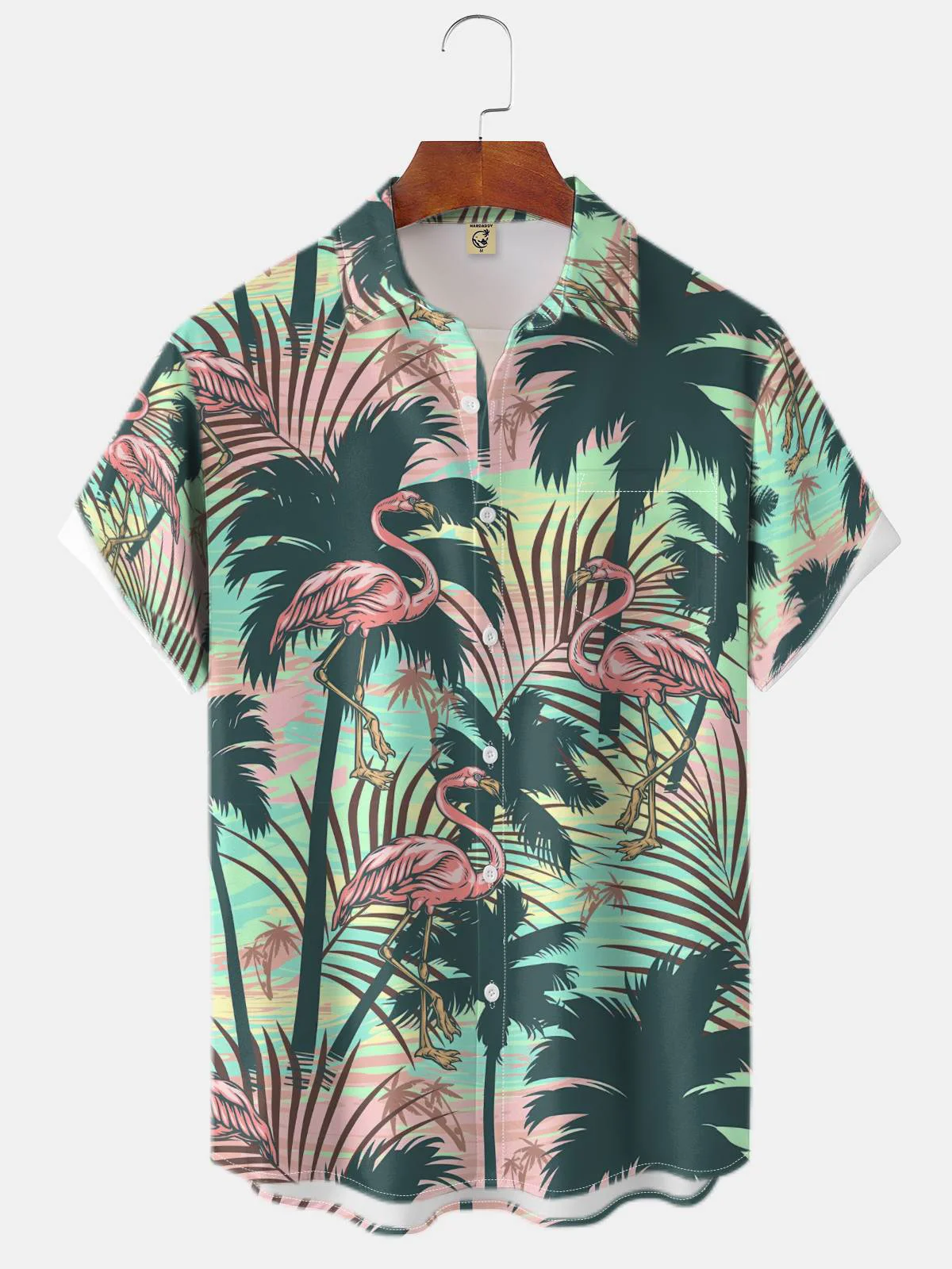 Moisture-wicking Vintage Coconut Tree Flamingo Art Print Chest Pocket Hawaiian Shirt