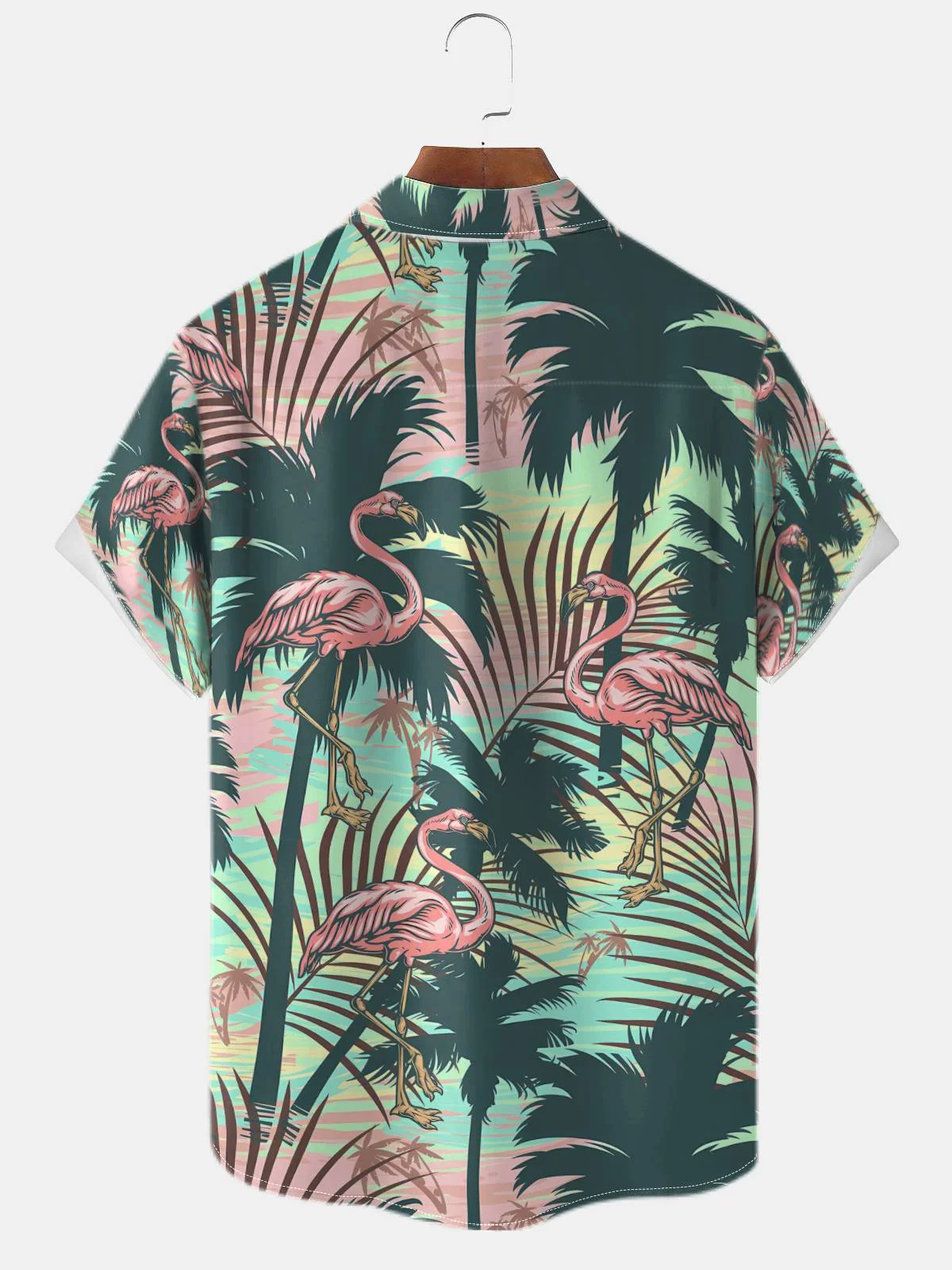 Moisture-wicking Vintage Coconut Tree Flamingo Art Print Chest Pocket Hawaiian Shirt