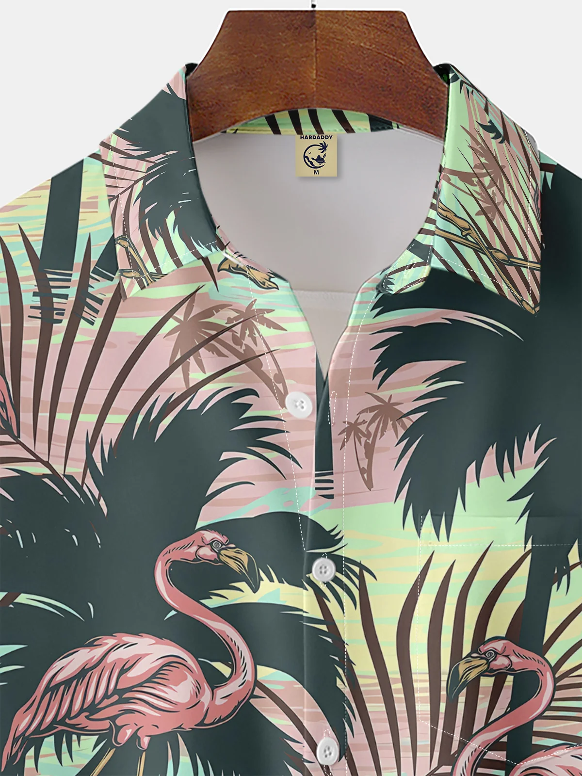 Moisture-wicking Vintage Coconut Tree Flamingo Art Print Chest Pocket Hawaiian Shirt