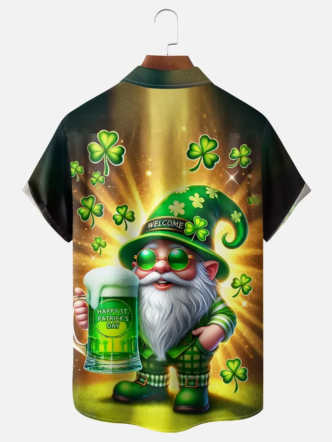 Tall Size Moisture wicking St. Patrick's Day Shamrock Gnome Beer Chest pocket Casual shirt