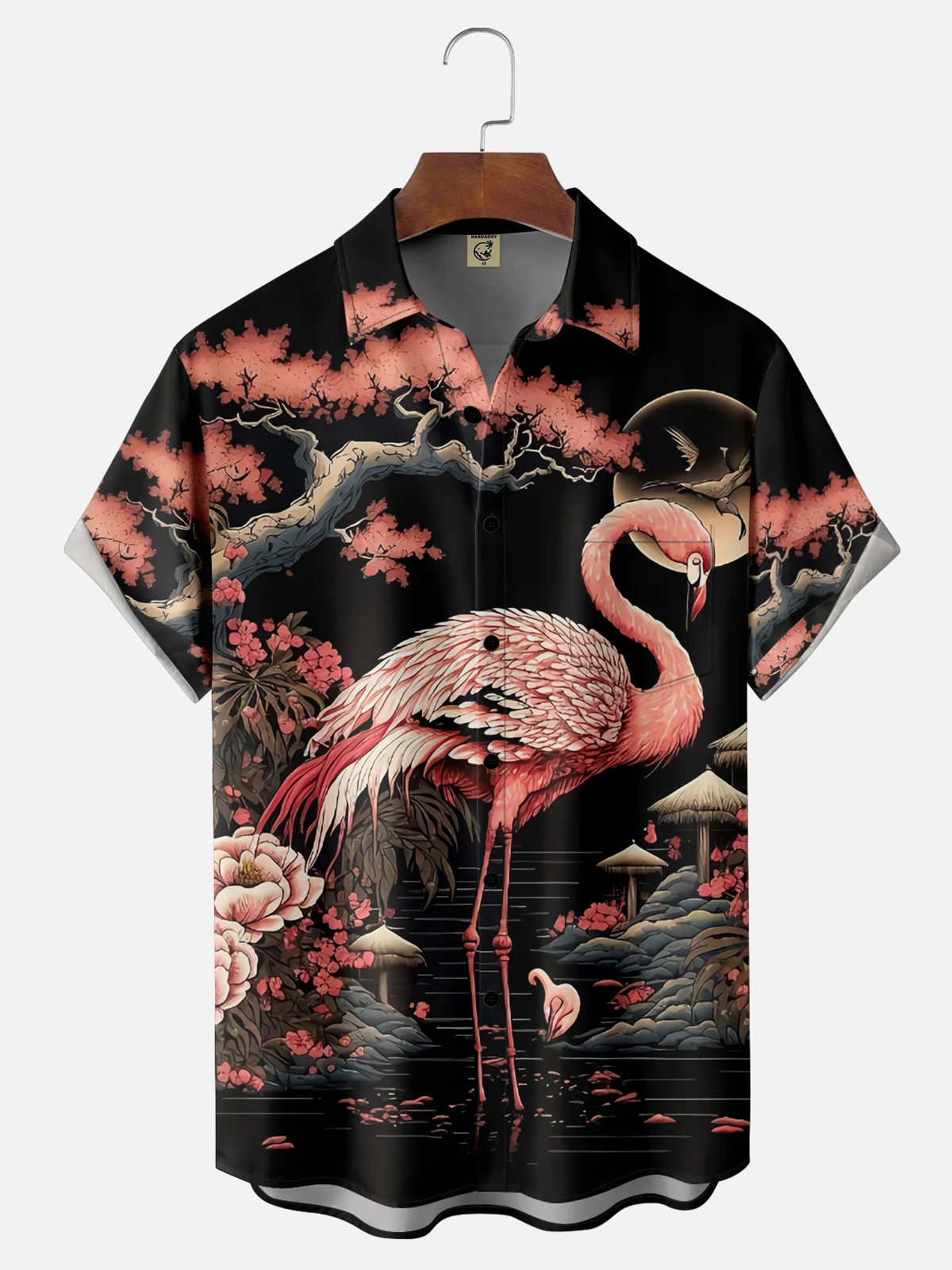 Moisture Wicking Gradient Floral Floral Flamingo Chest Pocket Hawaiian Shirt