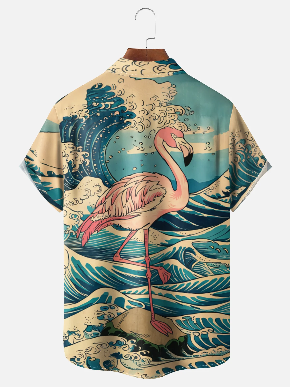 Moisture Wicking Ukiyo-e Wave Flamingo Chest Pocket Hawaiian Shirt