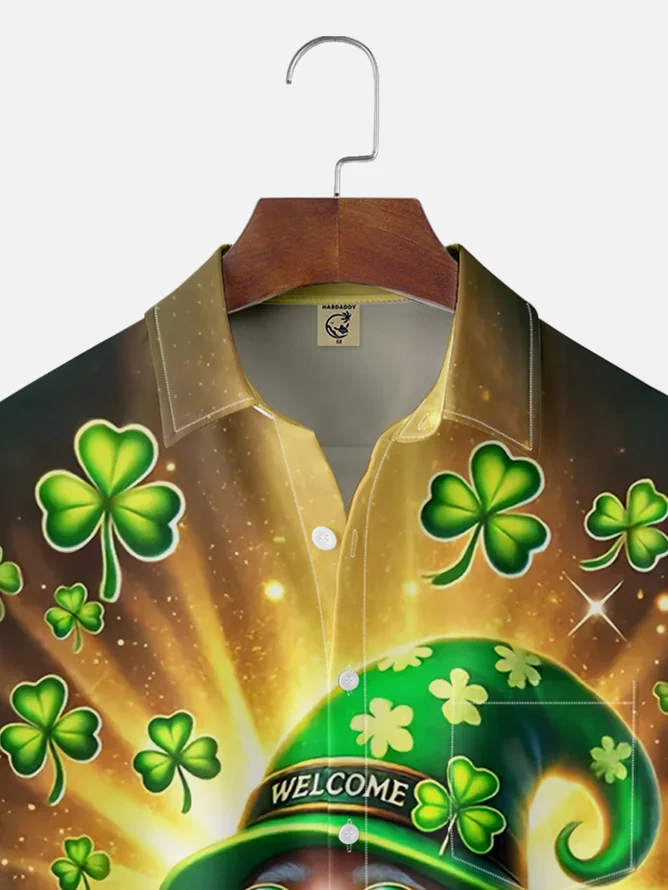 Tall Size Moisture wicking St. Patrick's Day Shamrock Gnome Beer Chest pocket Casual shirt