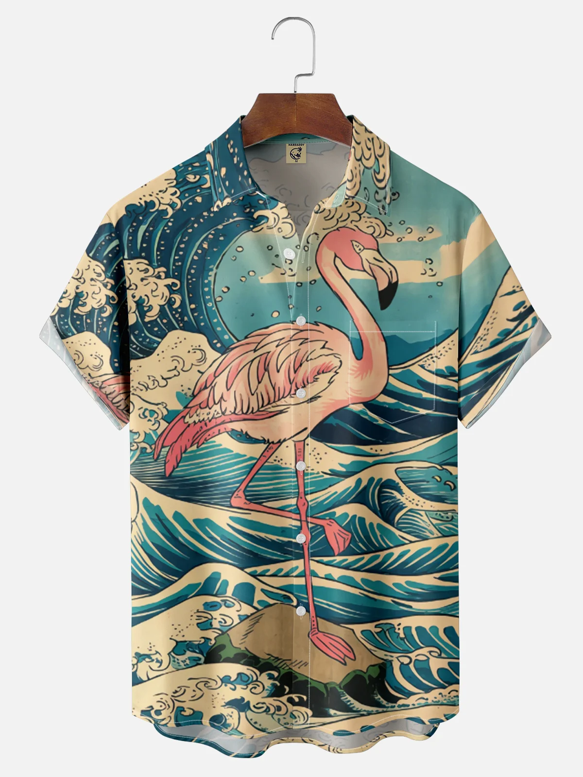 Moisture Wicking Ukiyo-e Wave Flamingo Chest Pocket Hawaiian Shirt