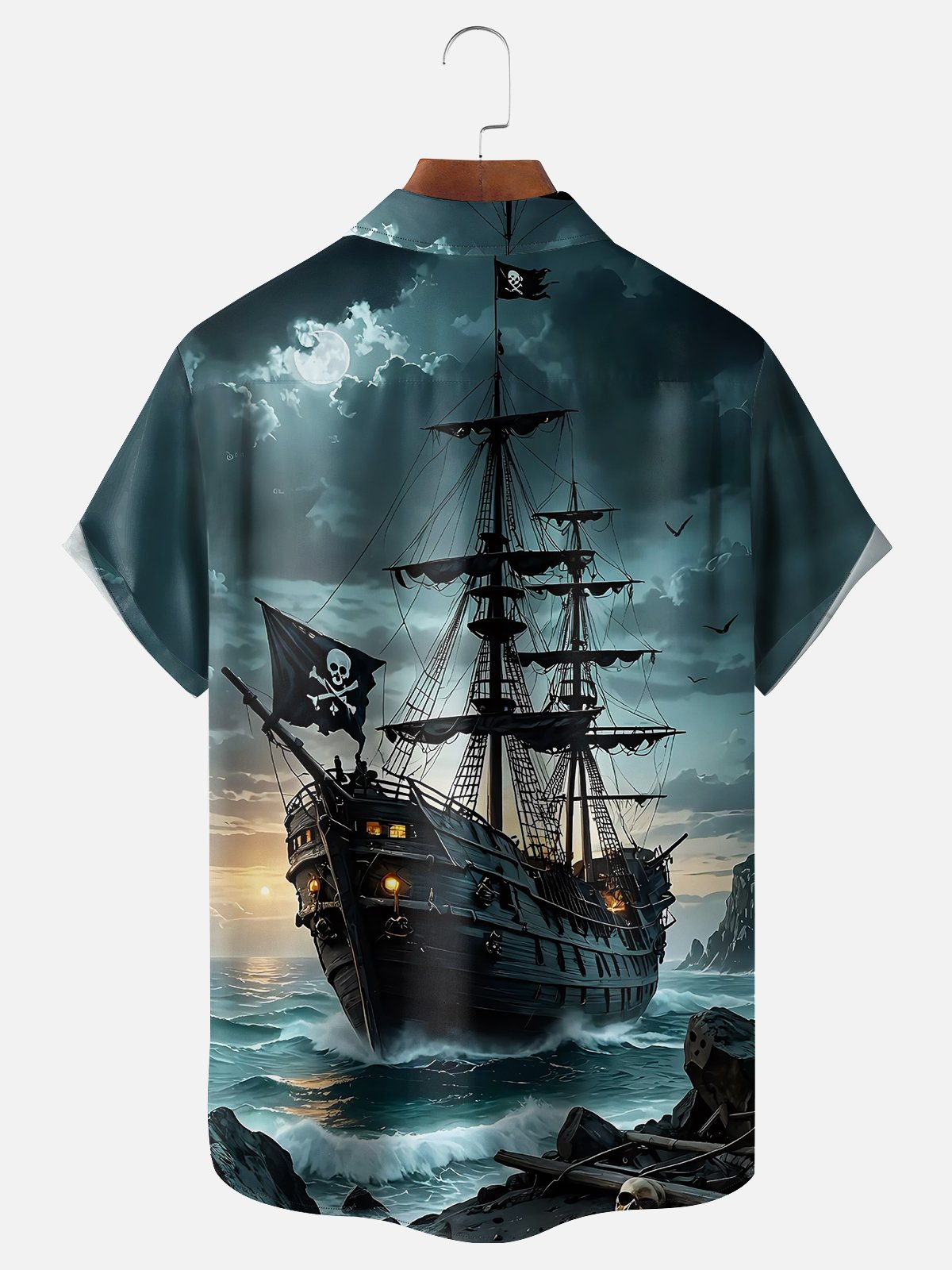 Moisture-wicking Skeleton Pirate Ship Art Chest Pocket Casual Shirt