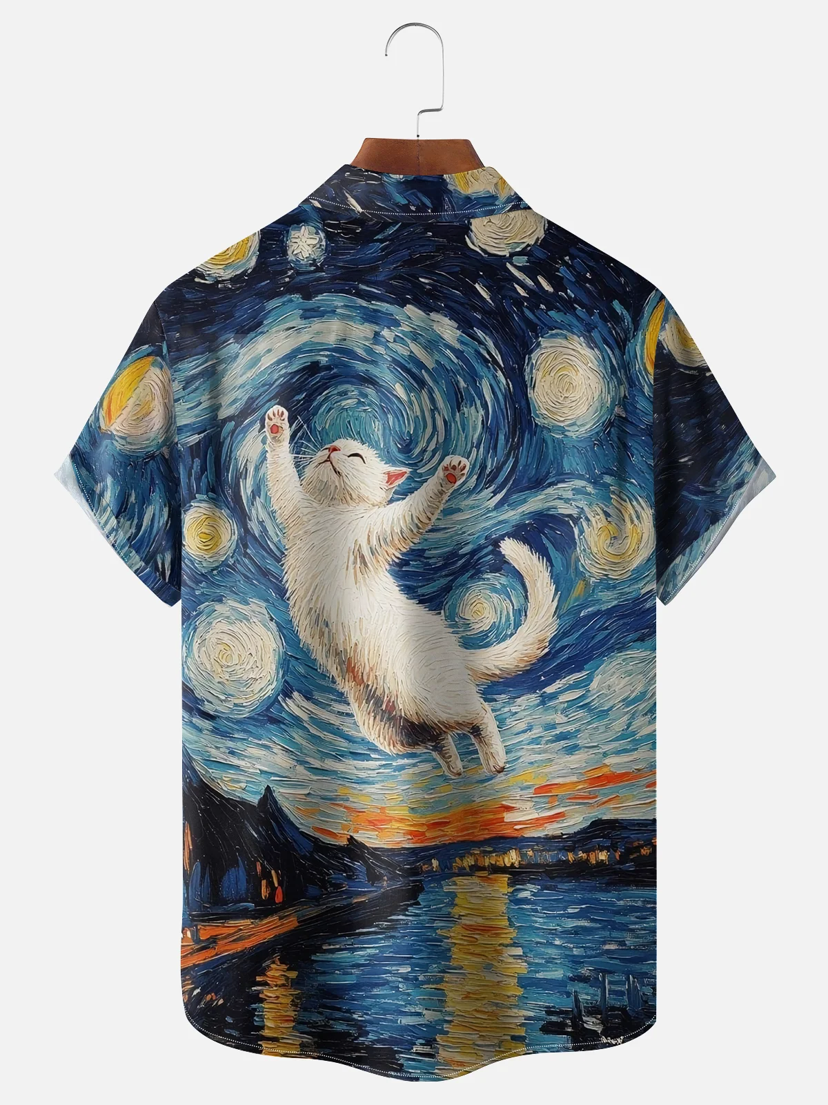 Moisture-wicking Starry Night Cat Chest Pocket Casual Shirt