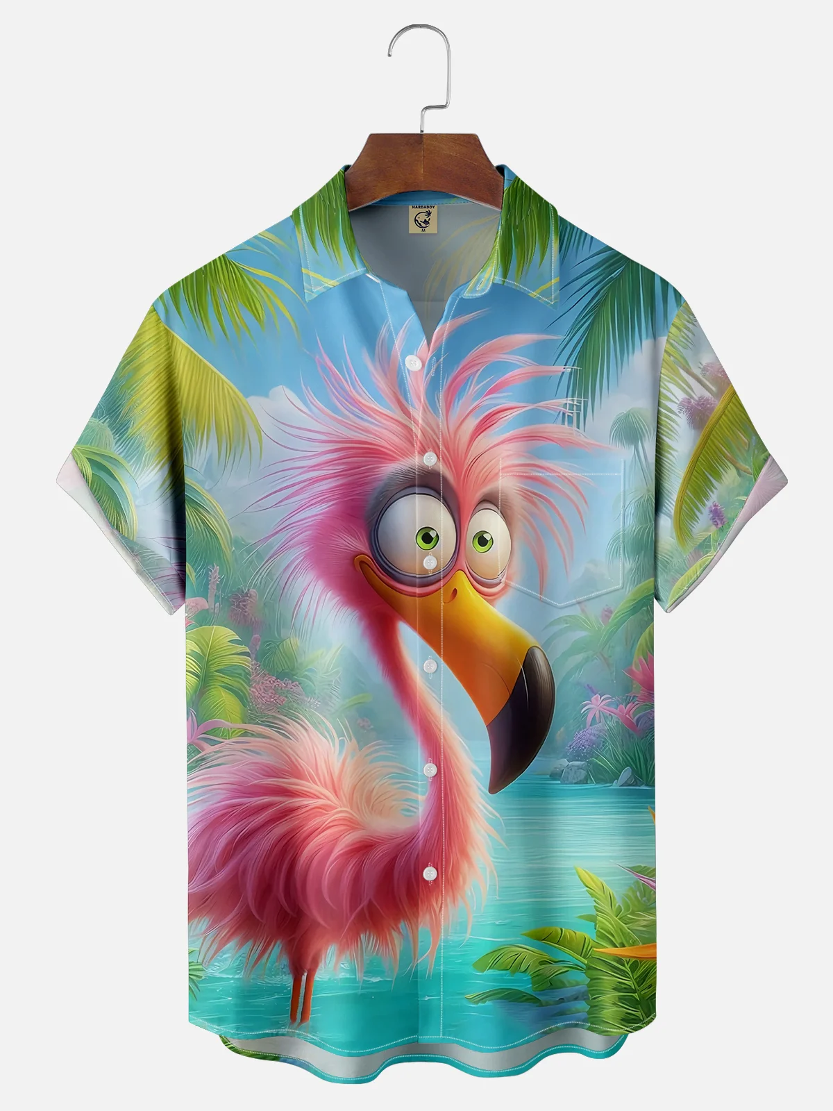 Moisture-wicking Funny Flamingo Art Painting Chest Pocket Hawaiian Shirt