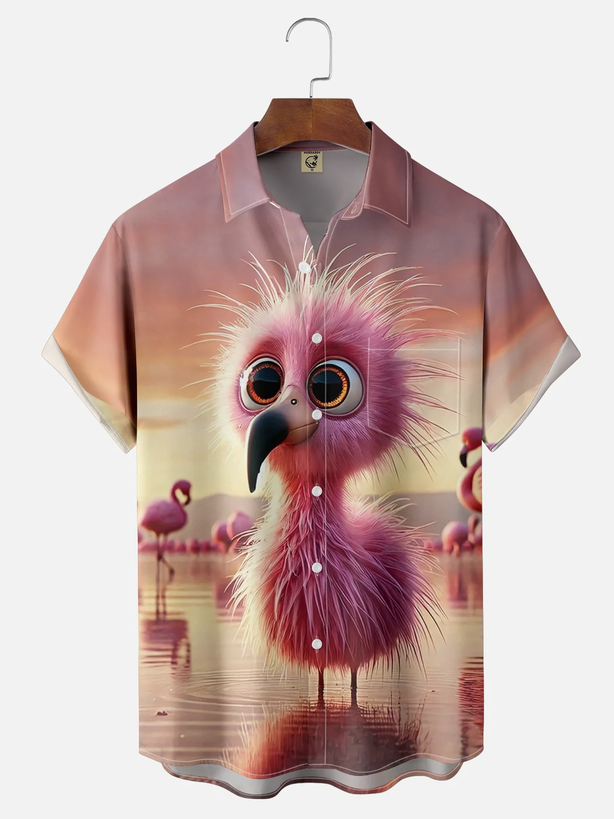 Moisture-wicking Funny Flamingo Baby Bird Art Painting Chest Pocket Hawaiian Shirt