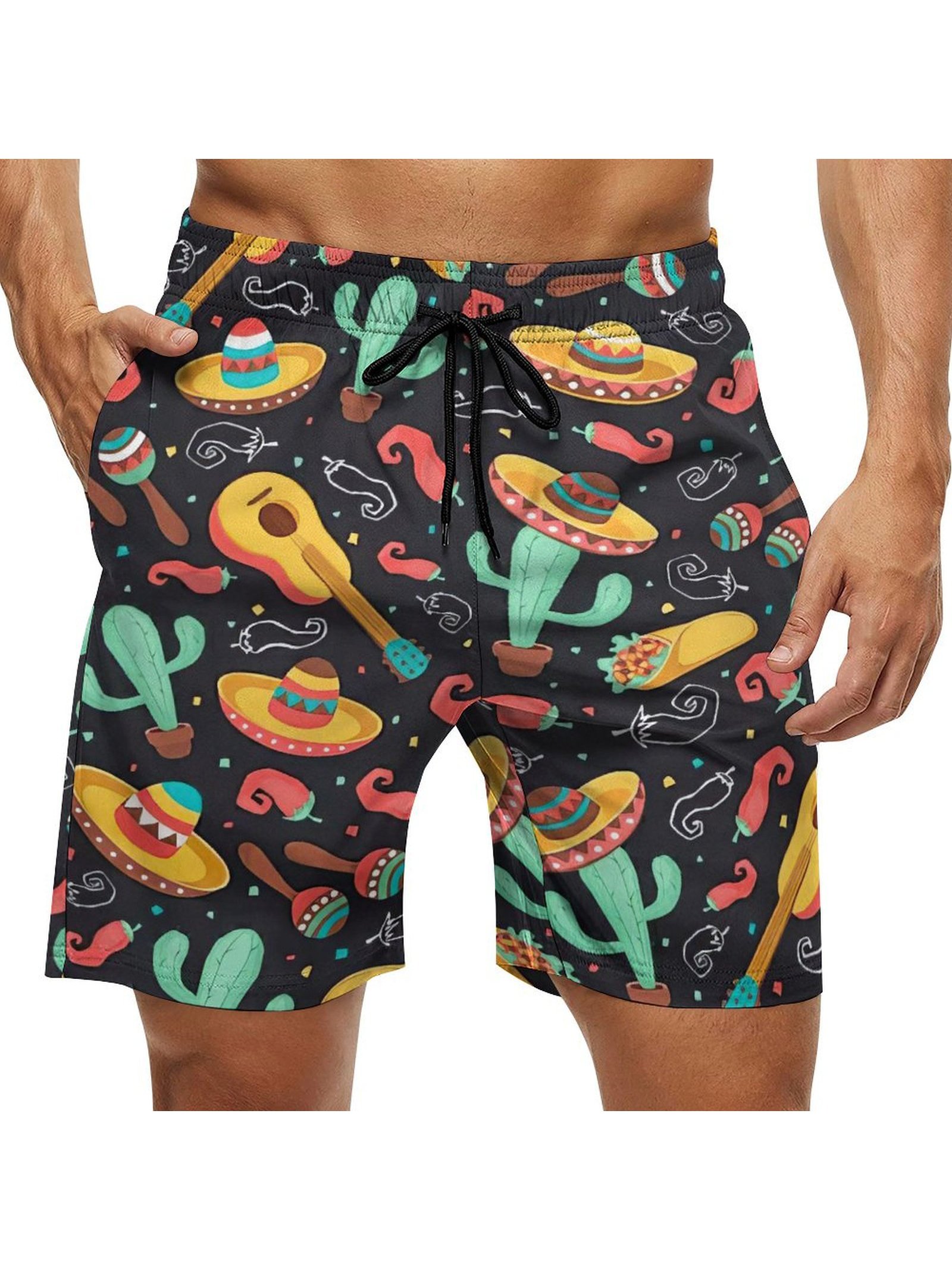 Men's Swim Trunks Hawaiian Mexican Culture Sombrero Pepper Beach Shorts with Pockets