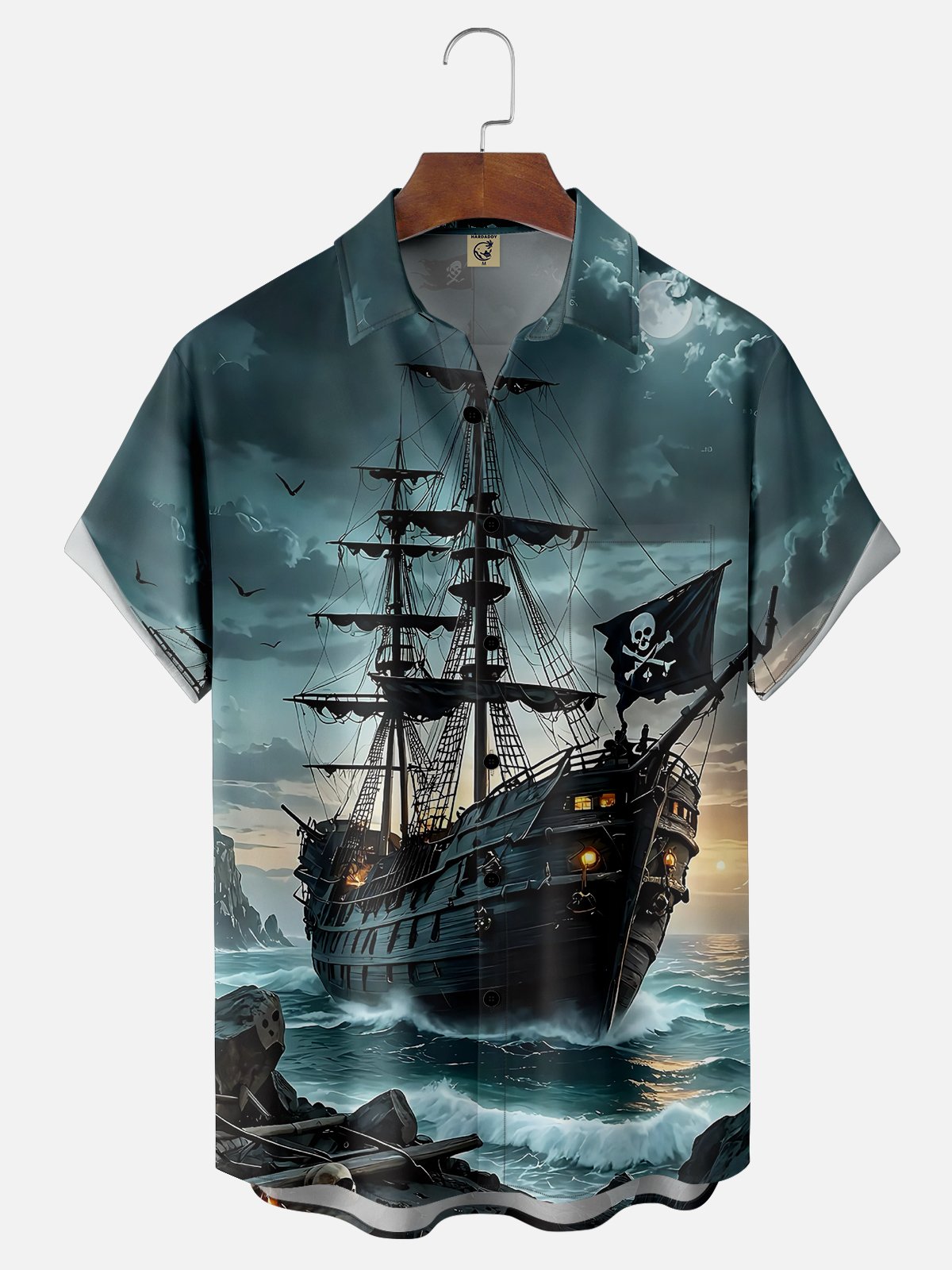 Moisture-wicking Skeleton Pirate Ship Art Chest Pocket Casual Shirt