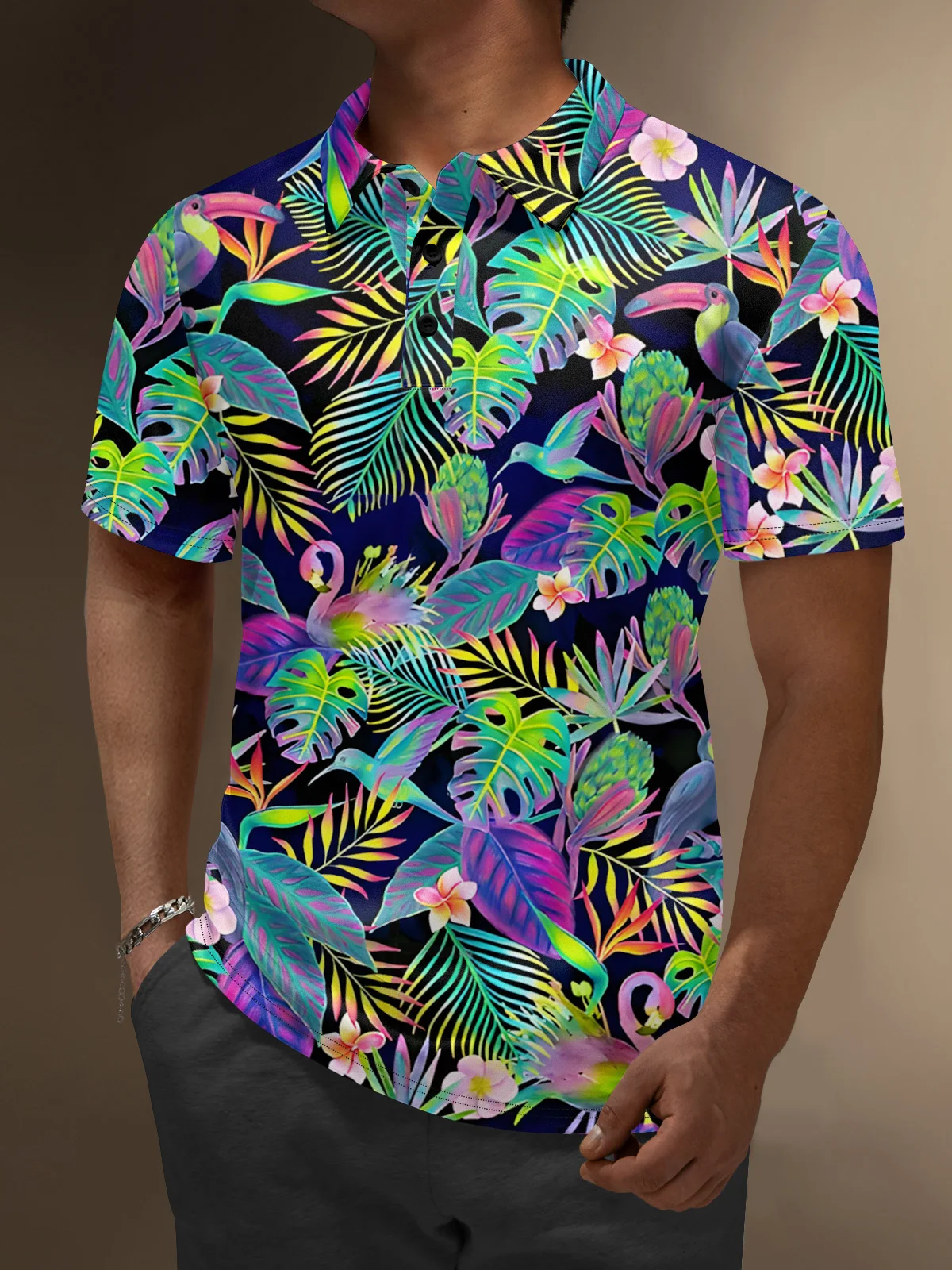 Moisture Wicking Flamingo Toucan Flowers Coconut Tree Laser Golf Polo