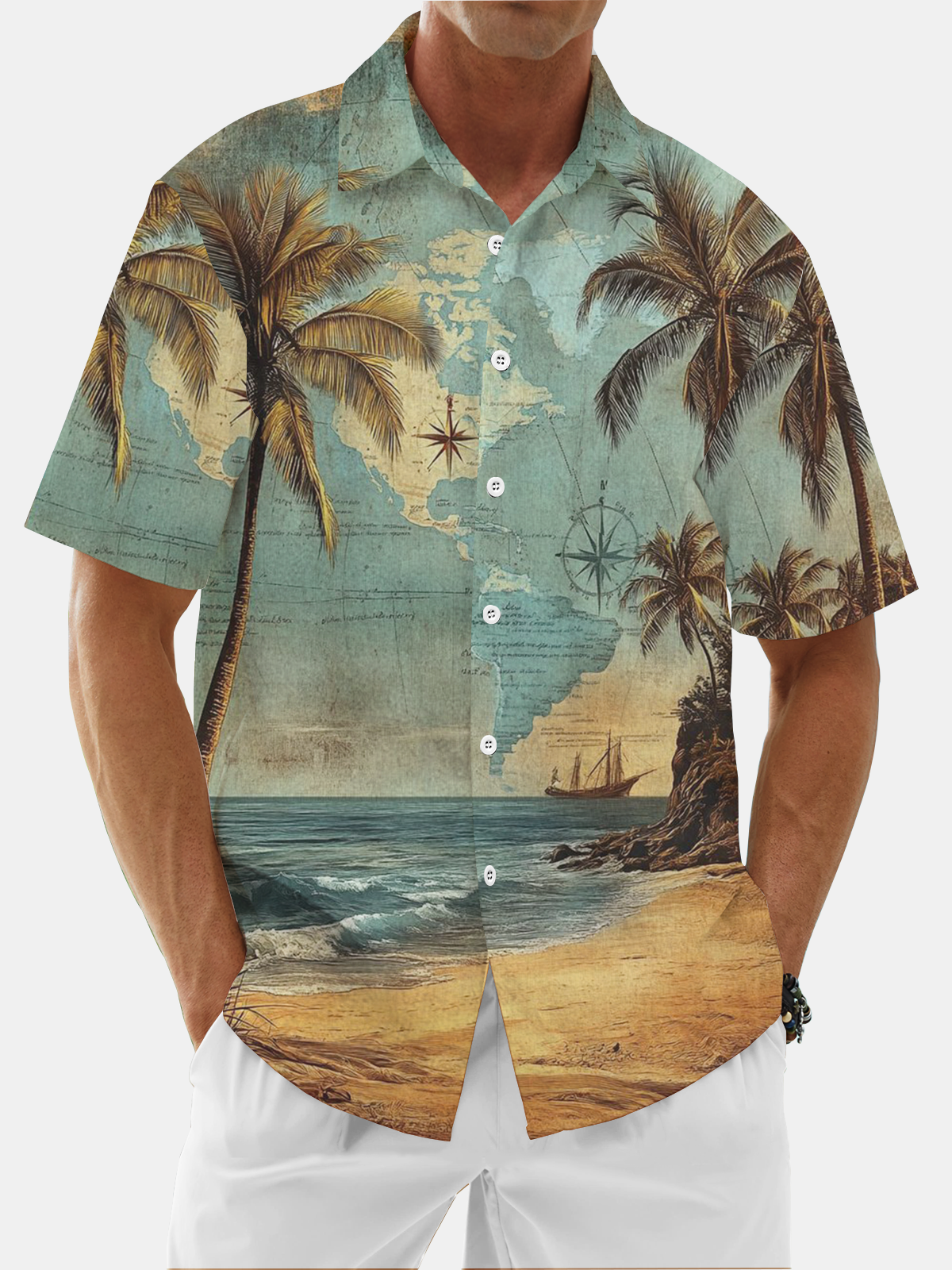 Moisture Wicking Beach Scenery Coconut Trees Chest Pocket Casual Shirt