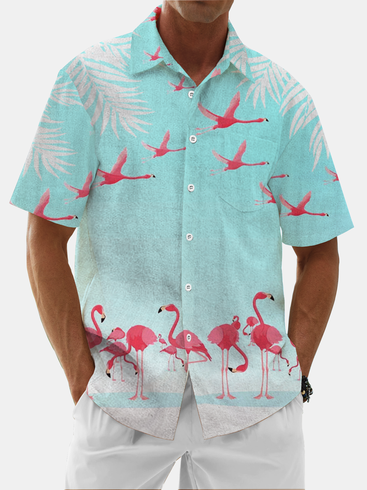 Moisture Wicking Gradient Floral Flamingo Chest Pocket Casual Shirt