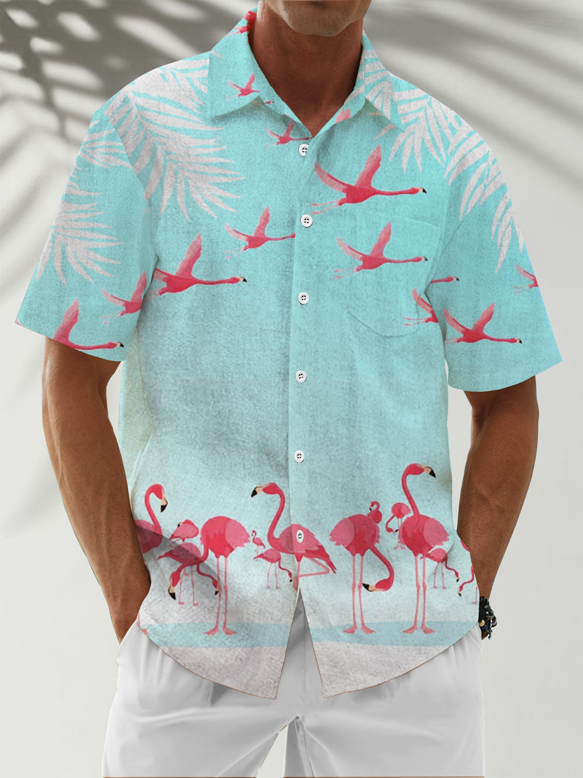 Moisture Wicking Gradient Floral Flamingo Chest Pocket Casual Shirt