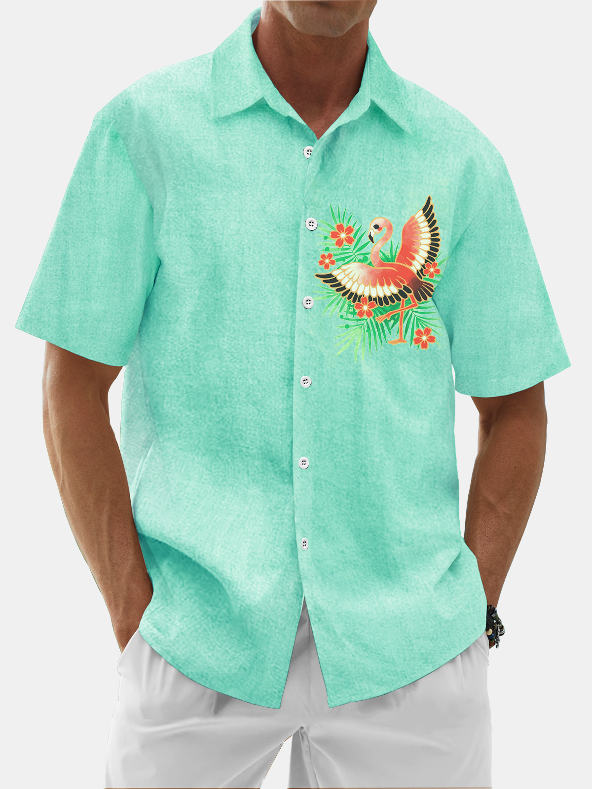 Moisture Wicking Flamingo Chest Pocket Casual Shirt