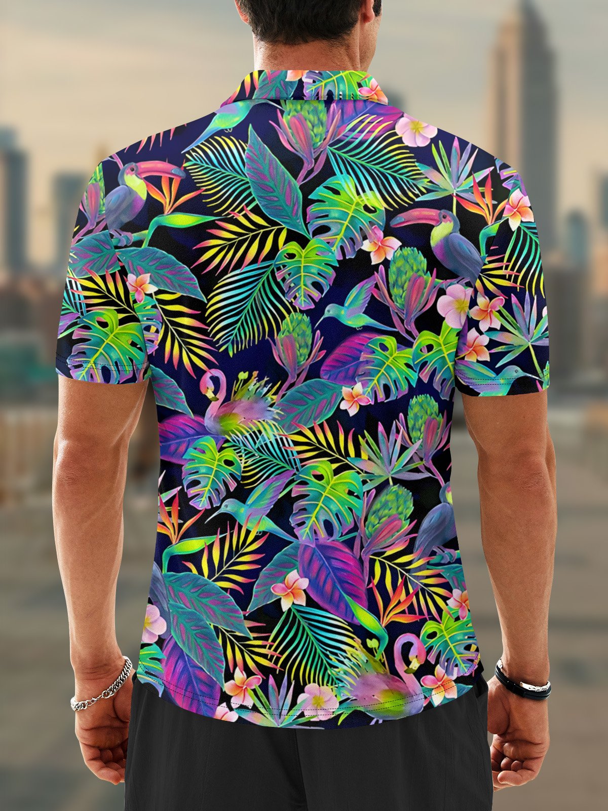 Moisture Wicking Flamingo Toucan Flowers Coconut Tree Laser Golf Polo