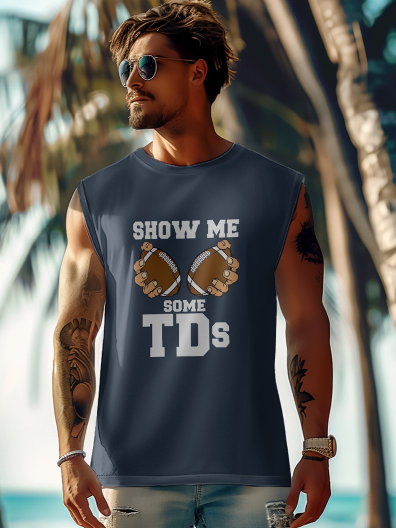 Mens Crewneck Tank Tops American Football Show Me Some TDs Beach Sleeveless Shirt