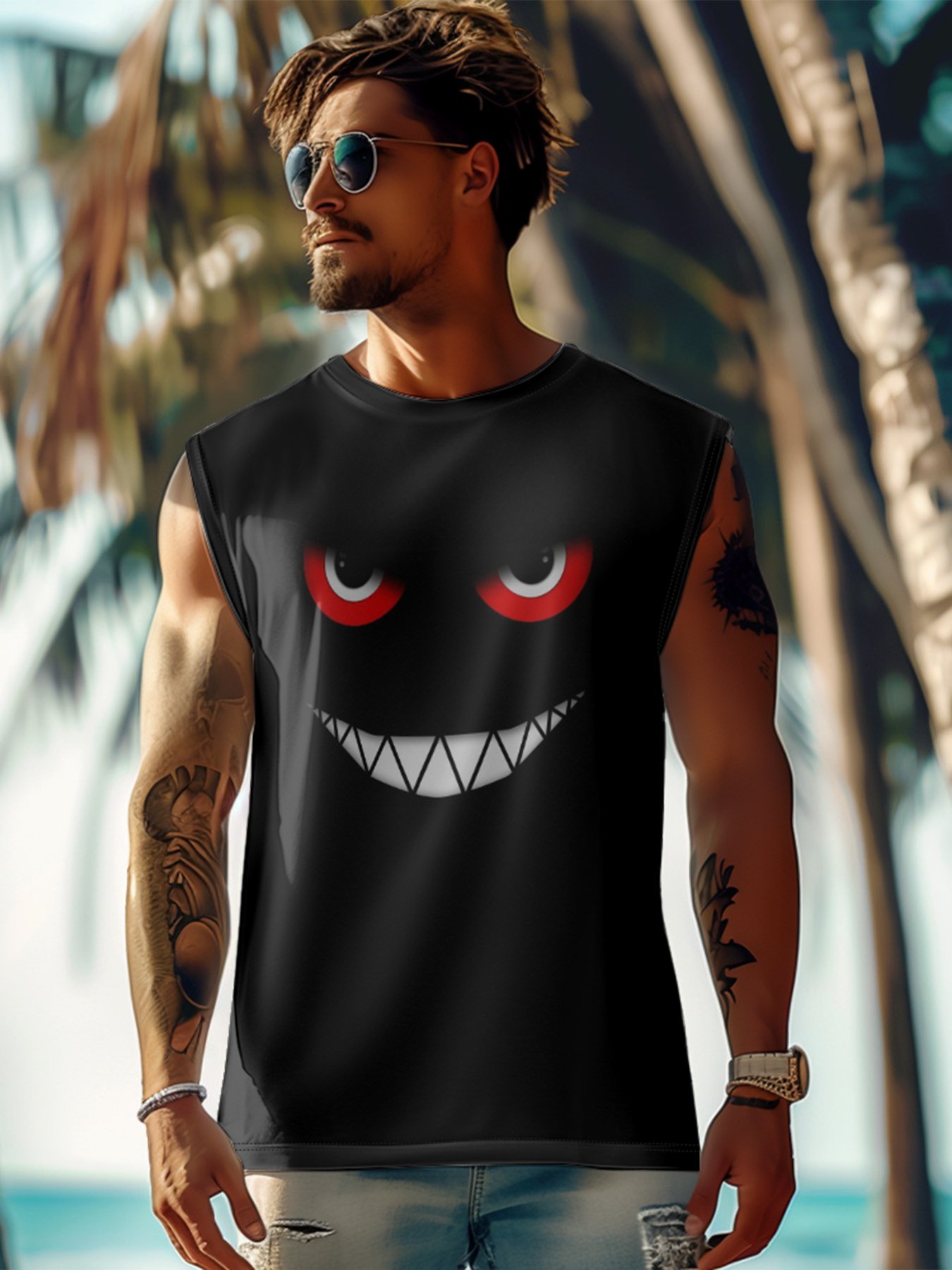 Mens Crewneck Tank Tops Evil smile Face Beach Sleeveless Shirt