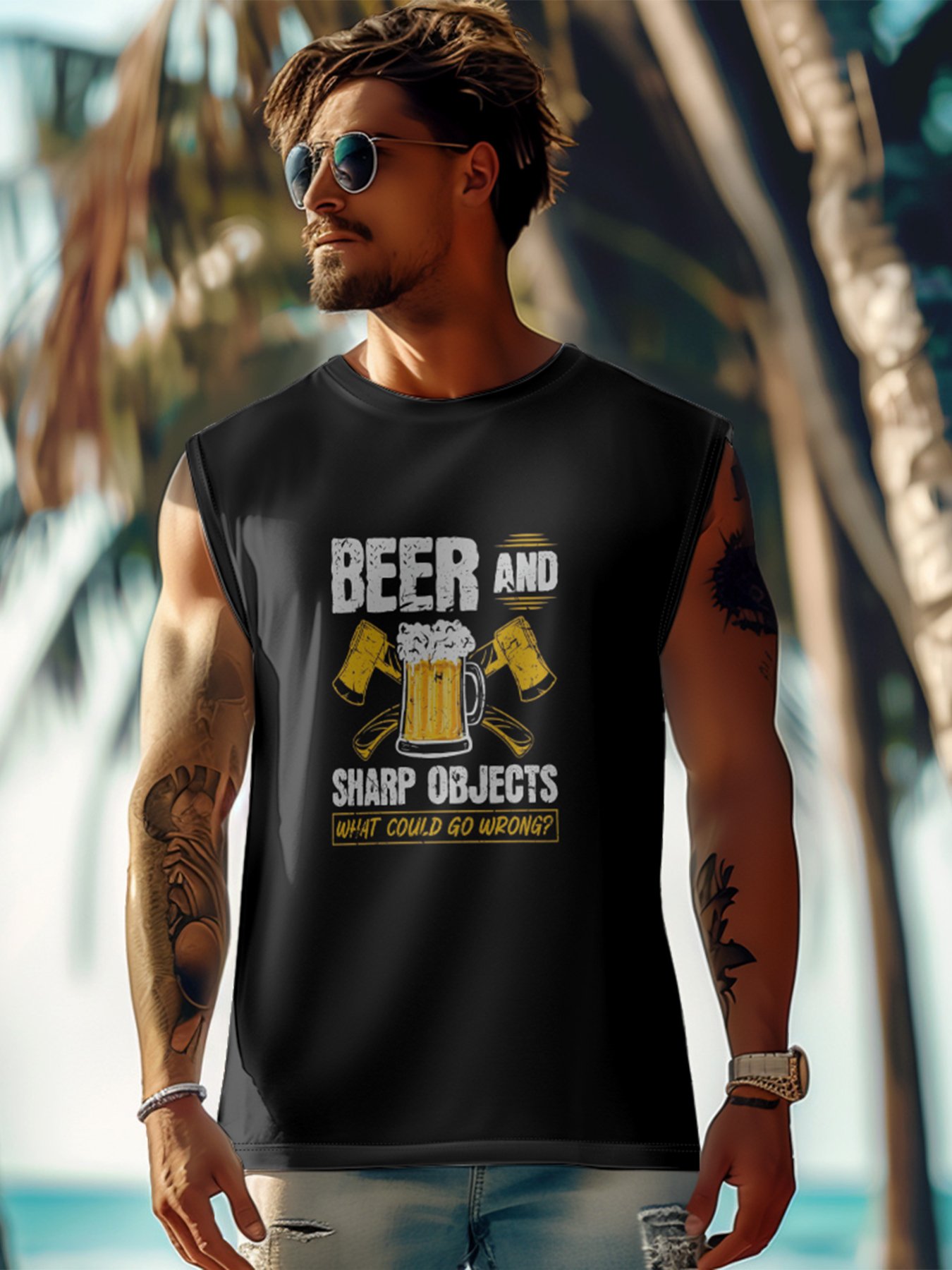 Mens Crewneck Tank Tops Beer Sharp Object Beach Sleeveless Shirt