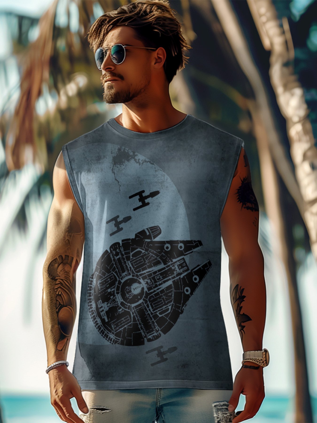 Mens Crewneck Tank Tops Star Plane Beach Sleeveless Shirt