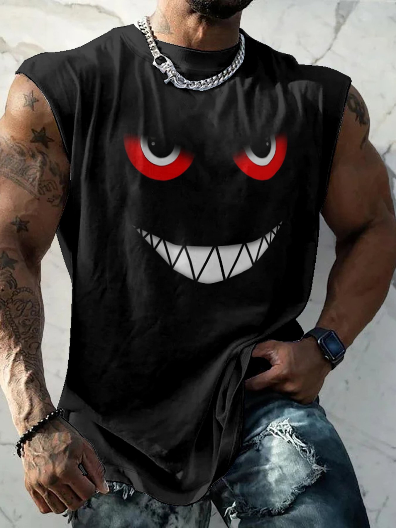 Mens Crewneck Tank Tops Evil smile Face Beach Sleeveless Shirt