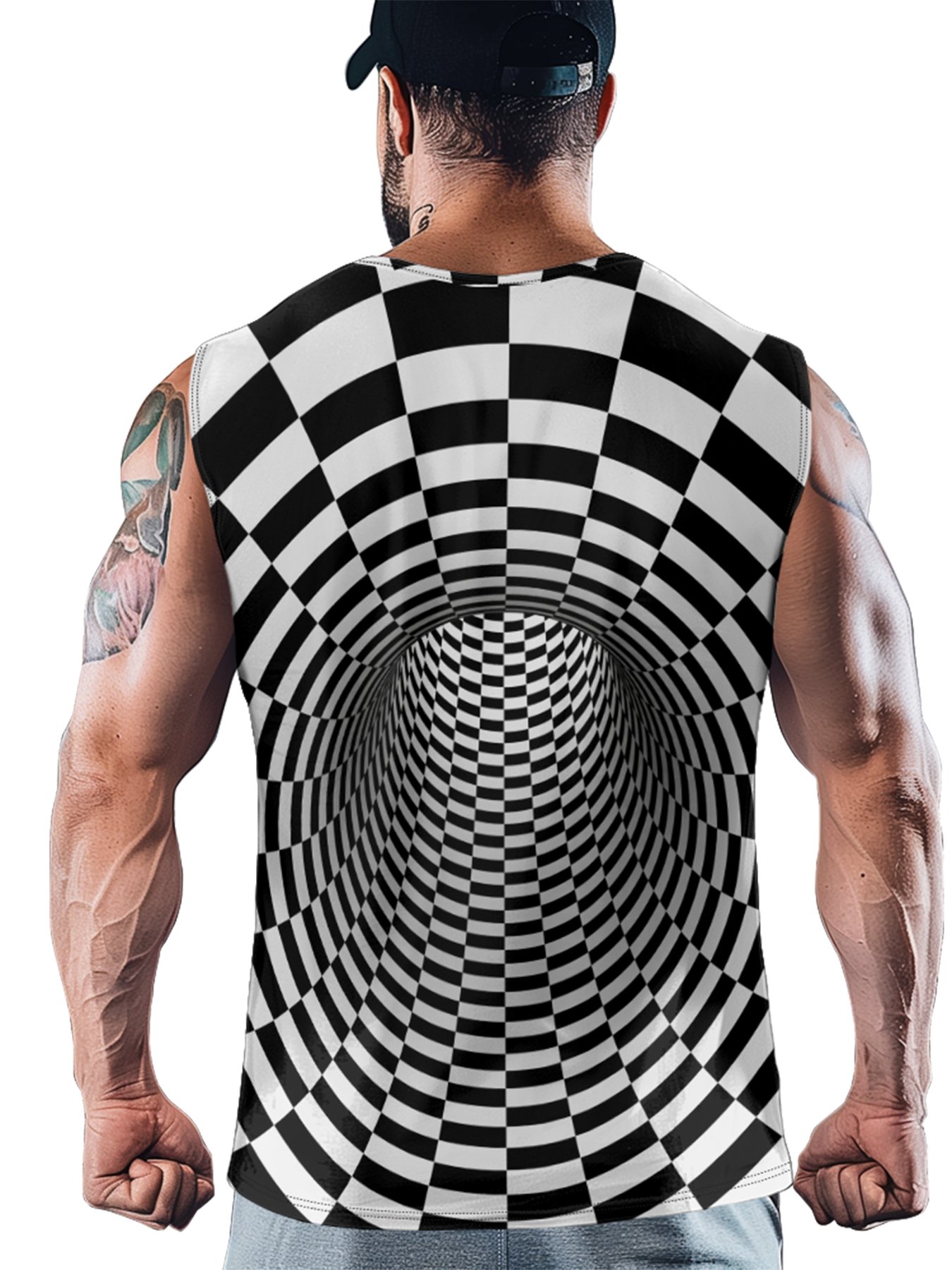 Mens Crewneck Tank Tops Cross 3D Abstract Grid Beach Sleeveless Shirt