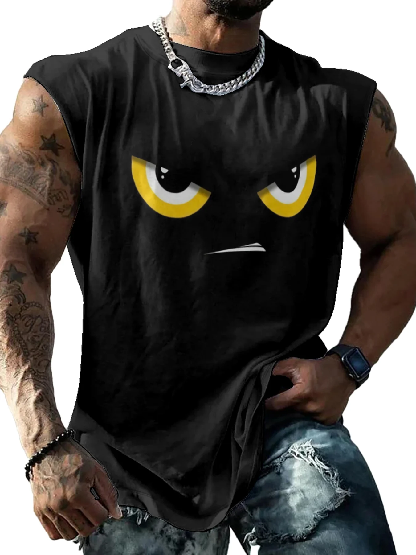 Mens Crewneck Tank Tops Little Devil Expression Beach Sleeveless Shirt