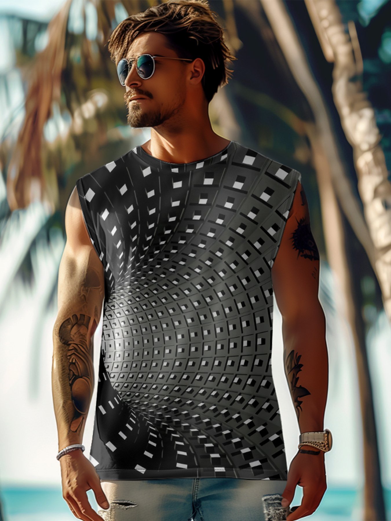 Mens Crewneck Tank Tops 3D Abstract Beach Sleeveless Shirt