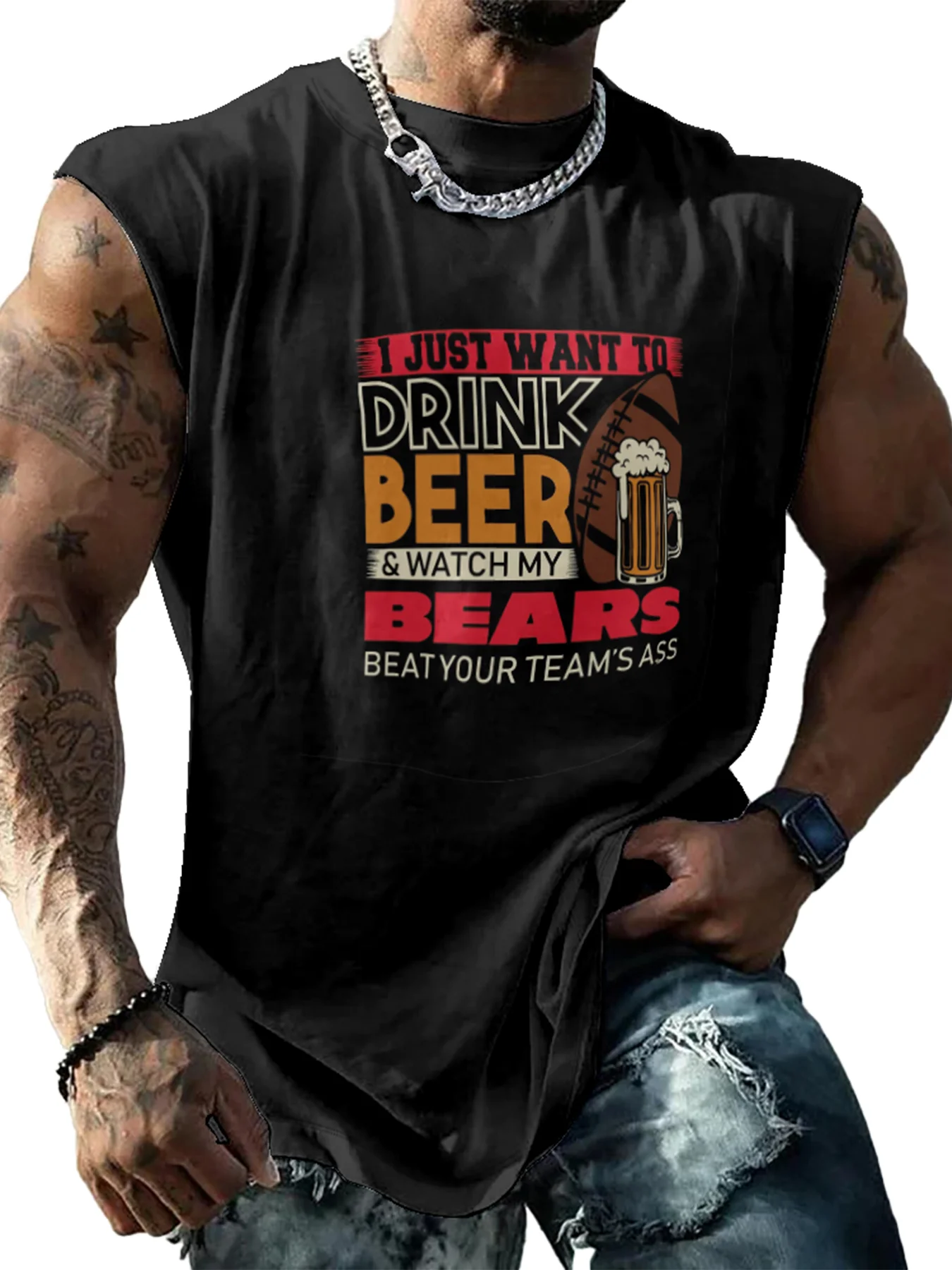 Mens Crewneck Tank Tops American Football Beer Beach Sleeveless Shirt